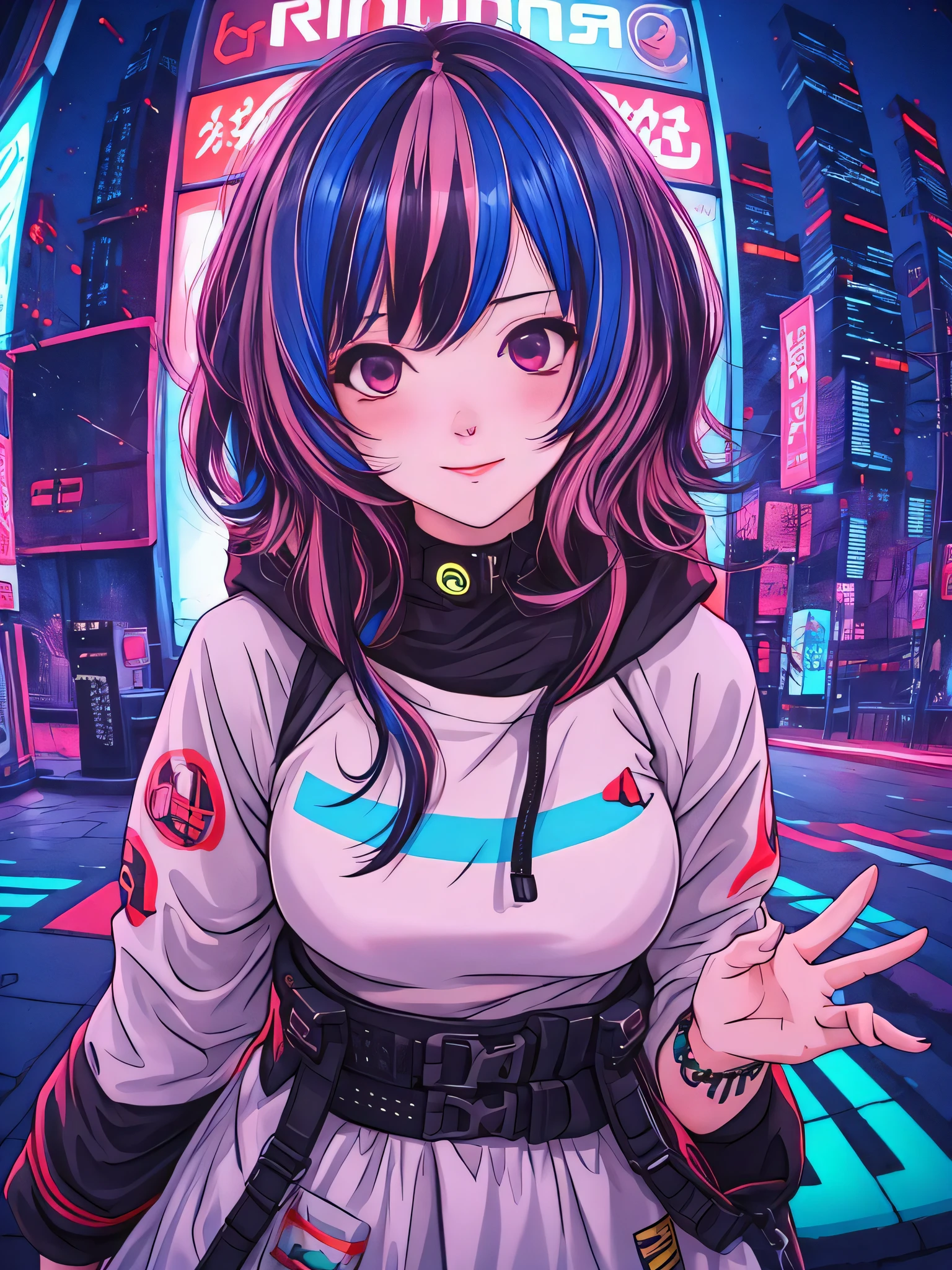 1girl,Creative hair,Rainbow Hair,City streets,fisheye,neon cold lighting, cyberpunk, blush, Waist Shot,Detailed face details,dynamic pose, rim lights