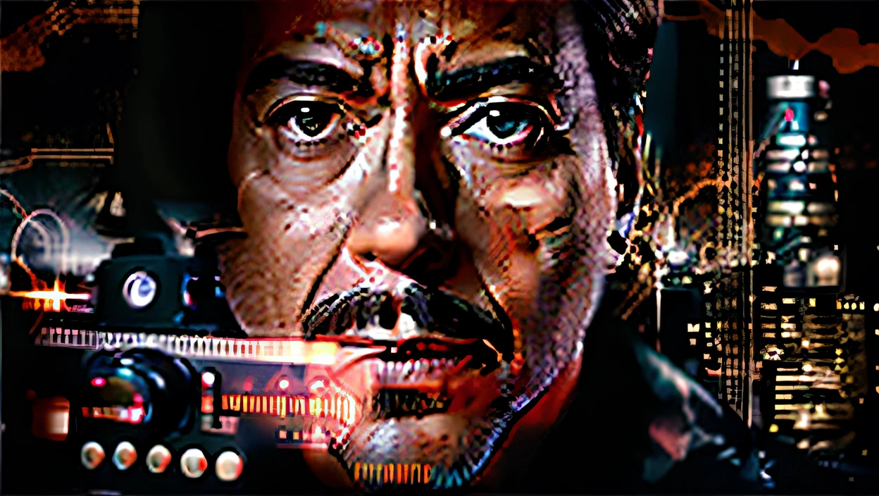 A close-up of a man with a camera and a city in the background, Tony Stark , forte, Filme ainda de Os Vingadores, Ironman, Arte conceitual de Tony Stark, retrato vfx altamente detalhado de Ironman, Retrato do Homem de Ferro