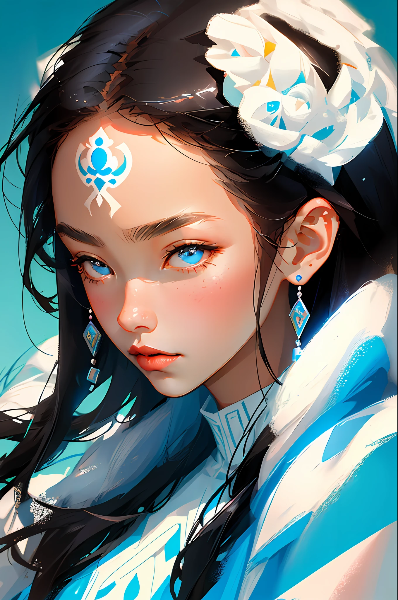 (Face close-up: 1.3), avatar close-up, Mongolian woman, Mongolian clothing, Mongolian accessories, trend, modern, blue and white background, black and white fluorescent color, flat style, minimalism, graphic illustration, Tsuruta Ichiro style,