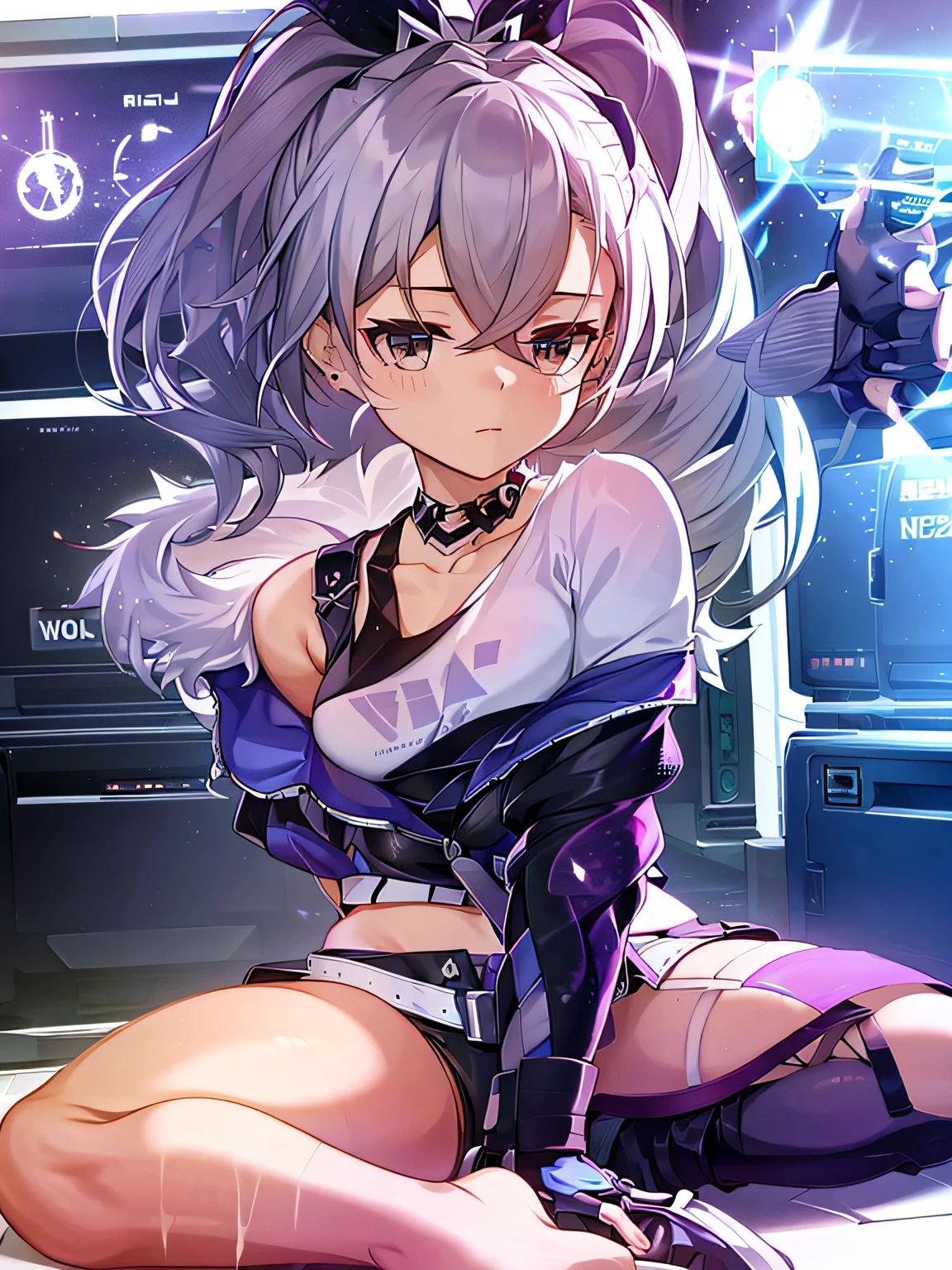best quality,masterpiece,illustration,an extremely deciple and beautiful,extremely detailed,CG,unity,8k wallpaper,Amazing,finely detail,master,best quality,official art, extremely detailed CG unity 8k wallpaper, ridiculous, incredibly ridiculous, ultra-detailed, high resolution, very detailed, beautifully detailed girl, very detailed eyes and face, beautiful detailed eyes, light on face, 1girl,bronya zaychik,bronya, silver_wolf, gray hair, ponytail, gray eyes, small_breasts, shorts , shot_jacket, belt, earrings, hairpins, looking at the audience, garters, choker, (navel: 1.1), collarbone, sweat,