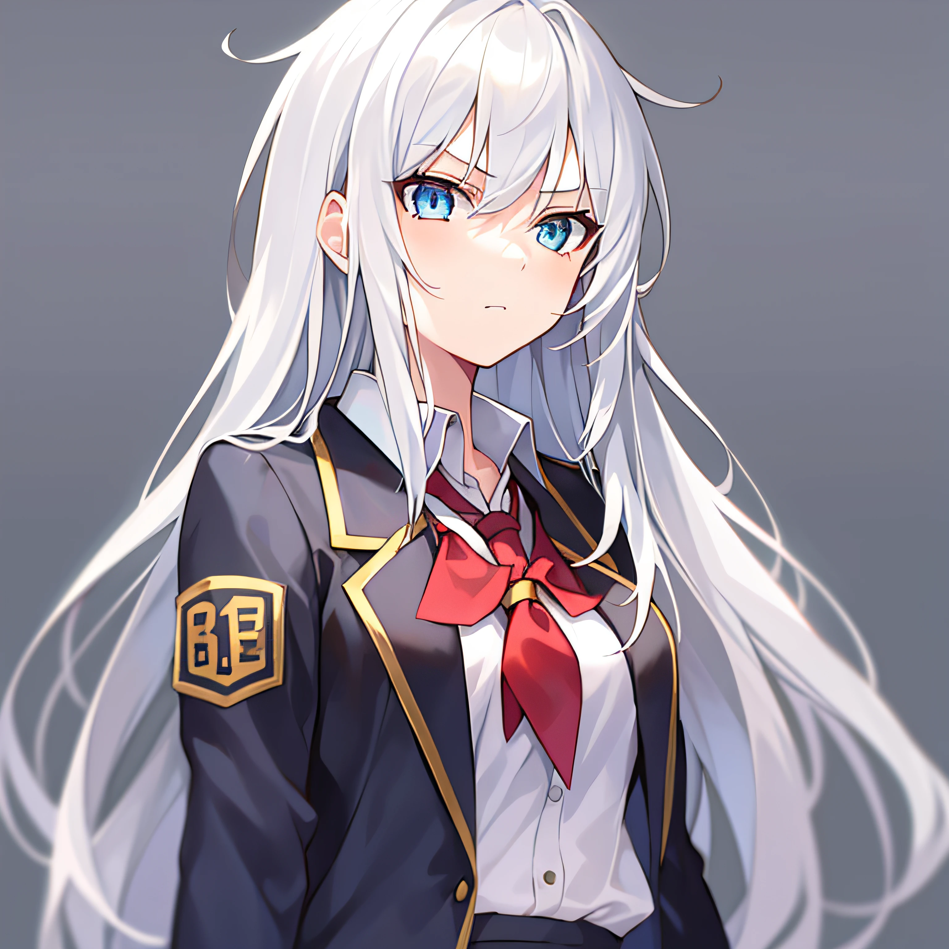 1girl, white hair, long hair, messy hair, blue eyes, school uniform, sticker, grey background, beside, solo, best quality, ultra detailed, red light, shadow, serious,