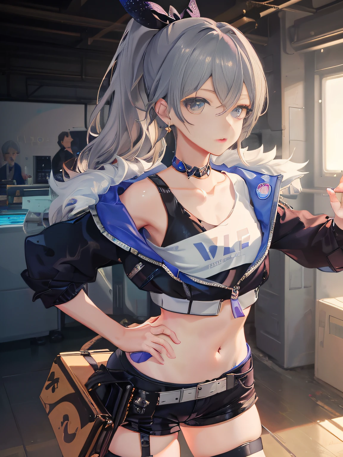 best quality,masterpiece,illustration,an extremely deciple and beautiful,extremely detailed,CG,unity,8k wallpaper,Amazing,finely detail,master,best quality,official art, extremely detailed CG unity 8k wallpaper, ridiculous, incredibly ridiculous, ultra-detailed, high resolution, very detailed, beautifully detailed girl, very detailed eyes and face, beautiful detailed eyes, light on face, 1girl,bronya zaychik,bronya, silver_wolf, gray hair, ponytail, gray eyes, small_breasts, shorts , shot_jacket, belt, earrings, hairpins, looking at the audience, garters, choker, (navel: 1.1), collarbone, sweat,
