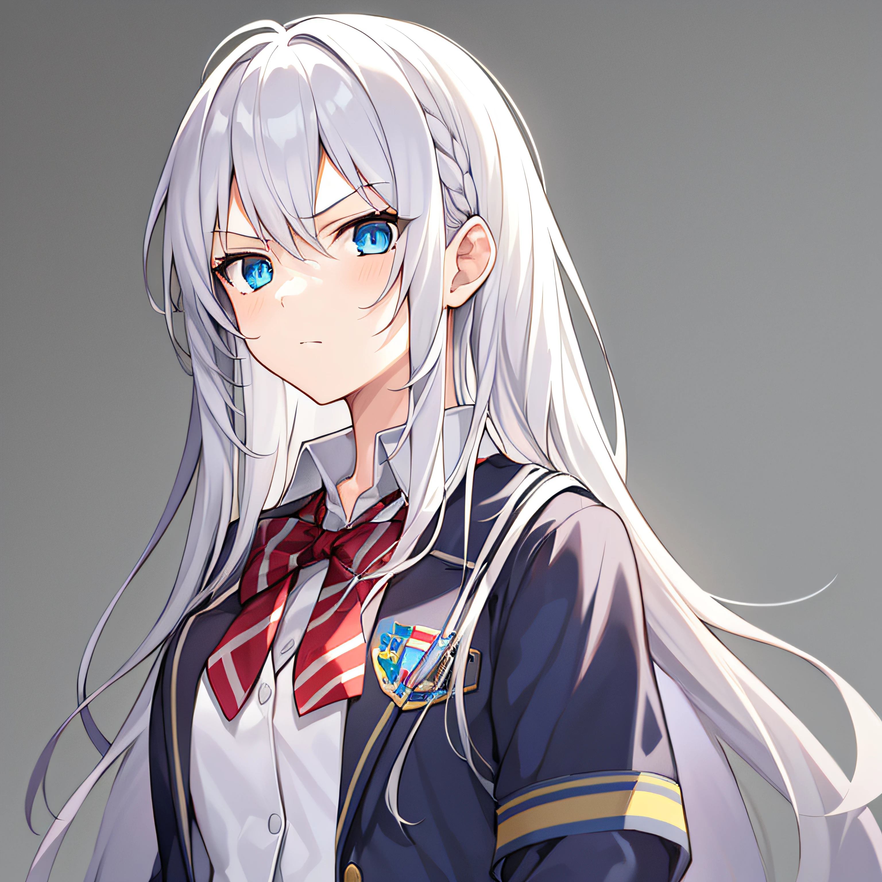 1girl, white hair, long hair, messy hair, blue eyes, school uniform, sticker, grey background, beside, solo, best quality, ultra detailed, red light, shadow, serious,