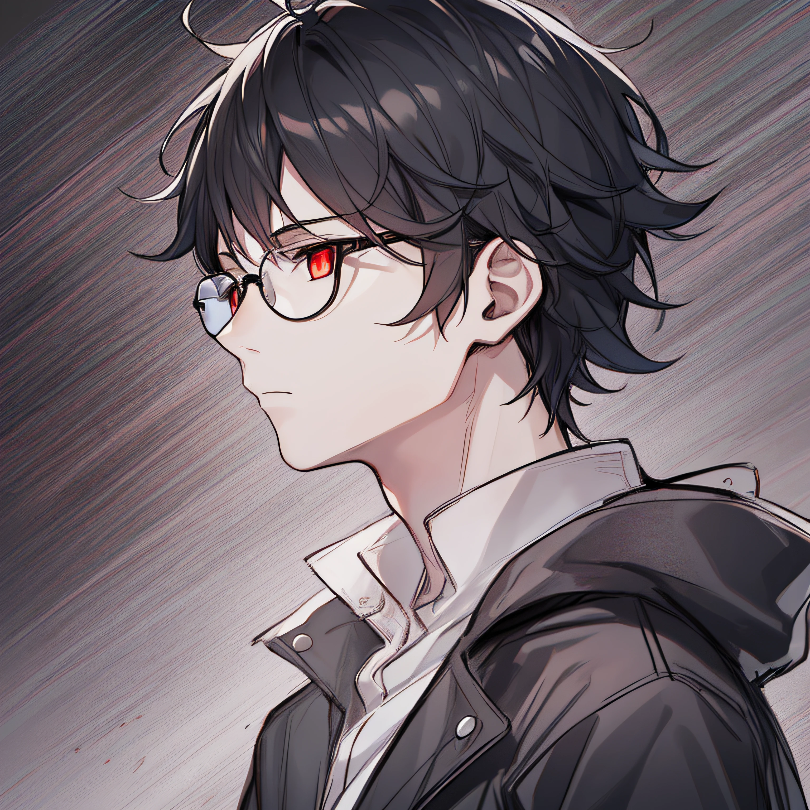 1boy, solo, black hair, messy hair, black coat, medium hair, black glasses, smoke, black background, motion lines, red eyes, expressionless, abstract, sketch, monochrome,
