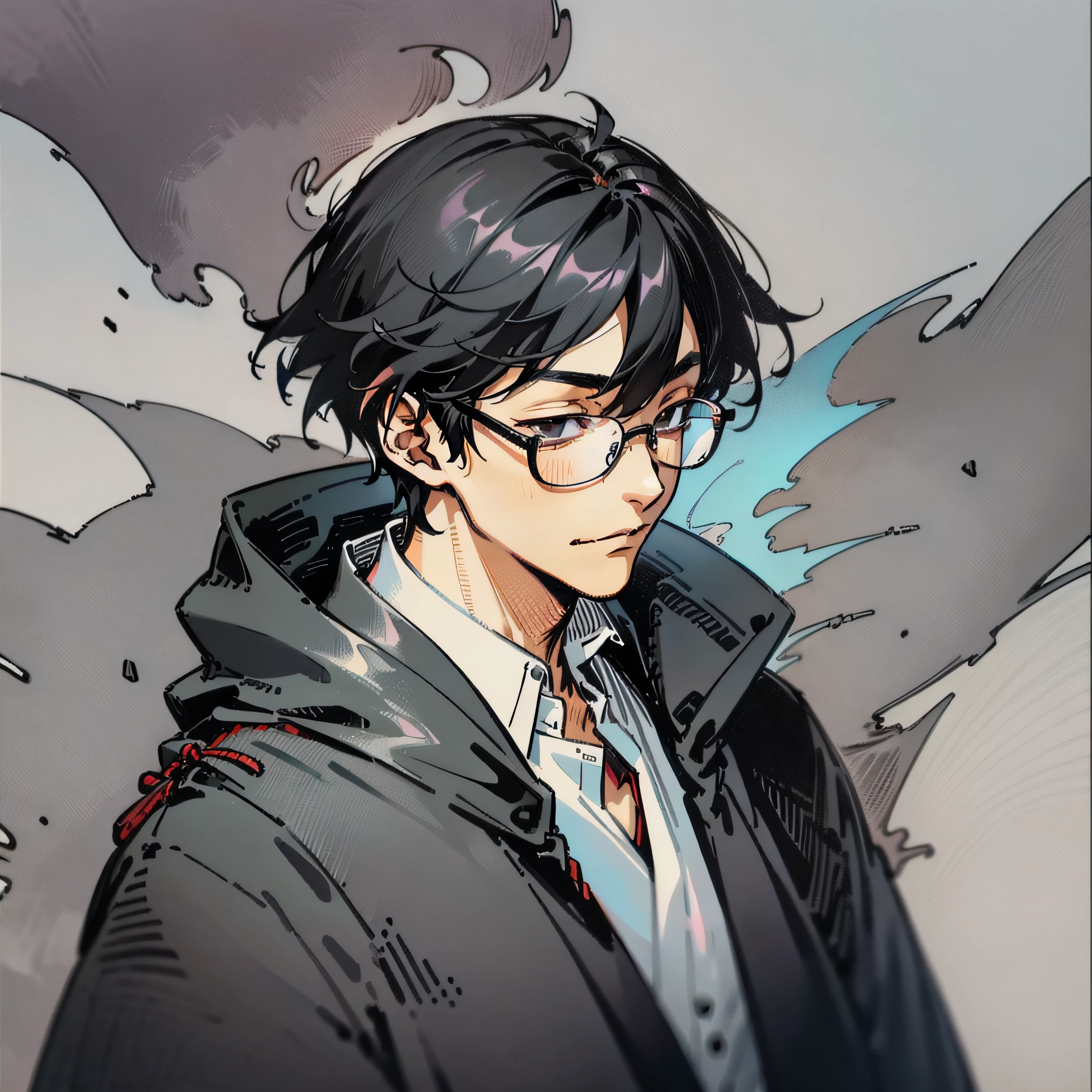 1boy, solo, black hair, messy hair, black coat, medium hair, black glasses, smoke, black background, motion lines, red eyes, expressionless, abstract, sketch, monochrome,