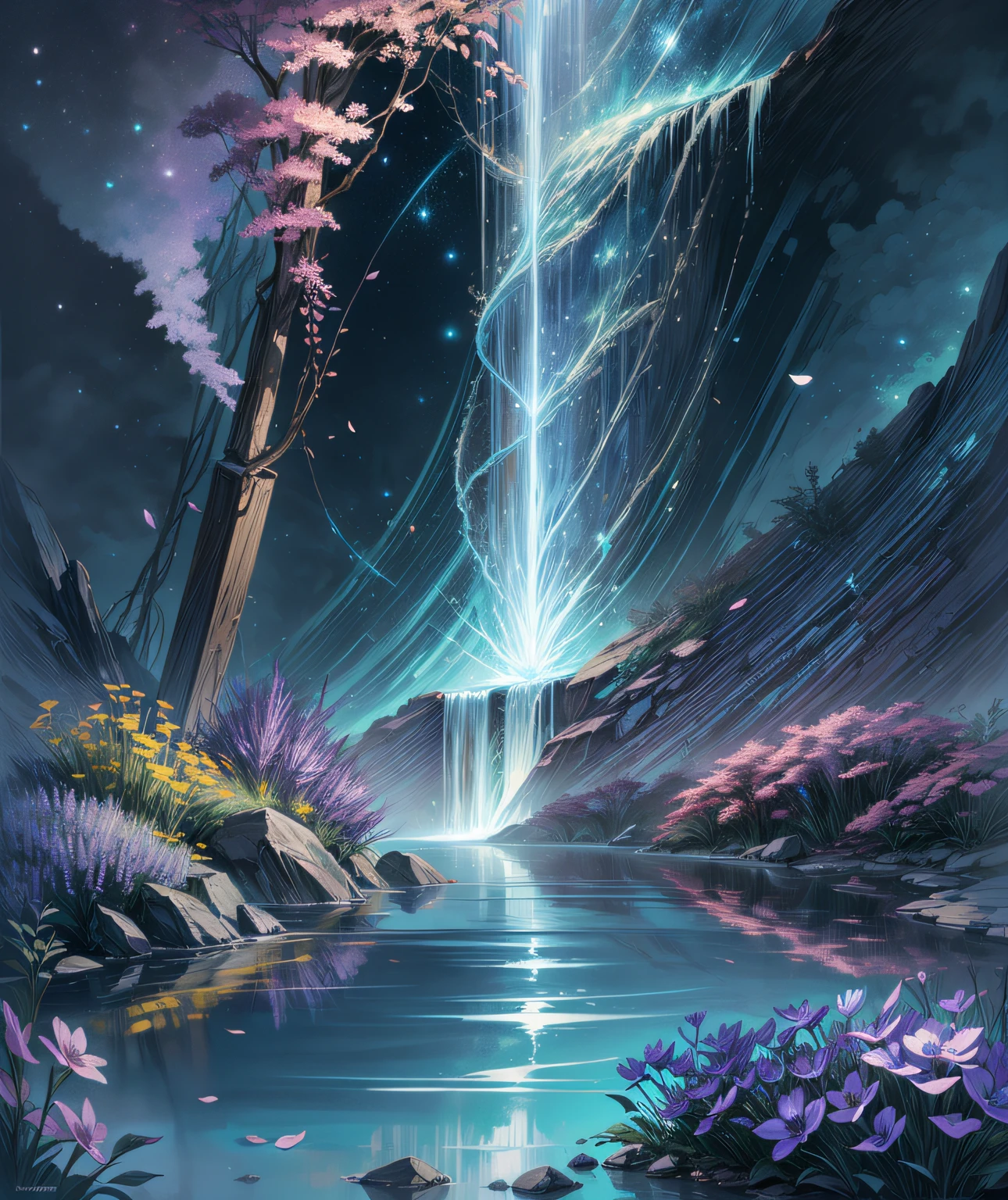 bioluminescence, Water Falls,, floral, star lit sky、