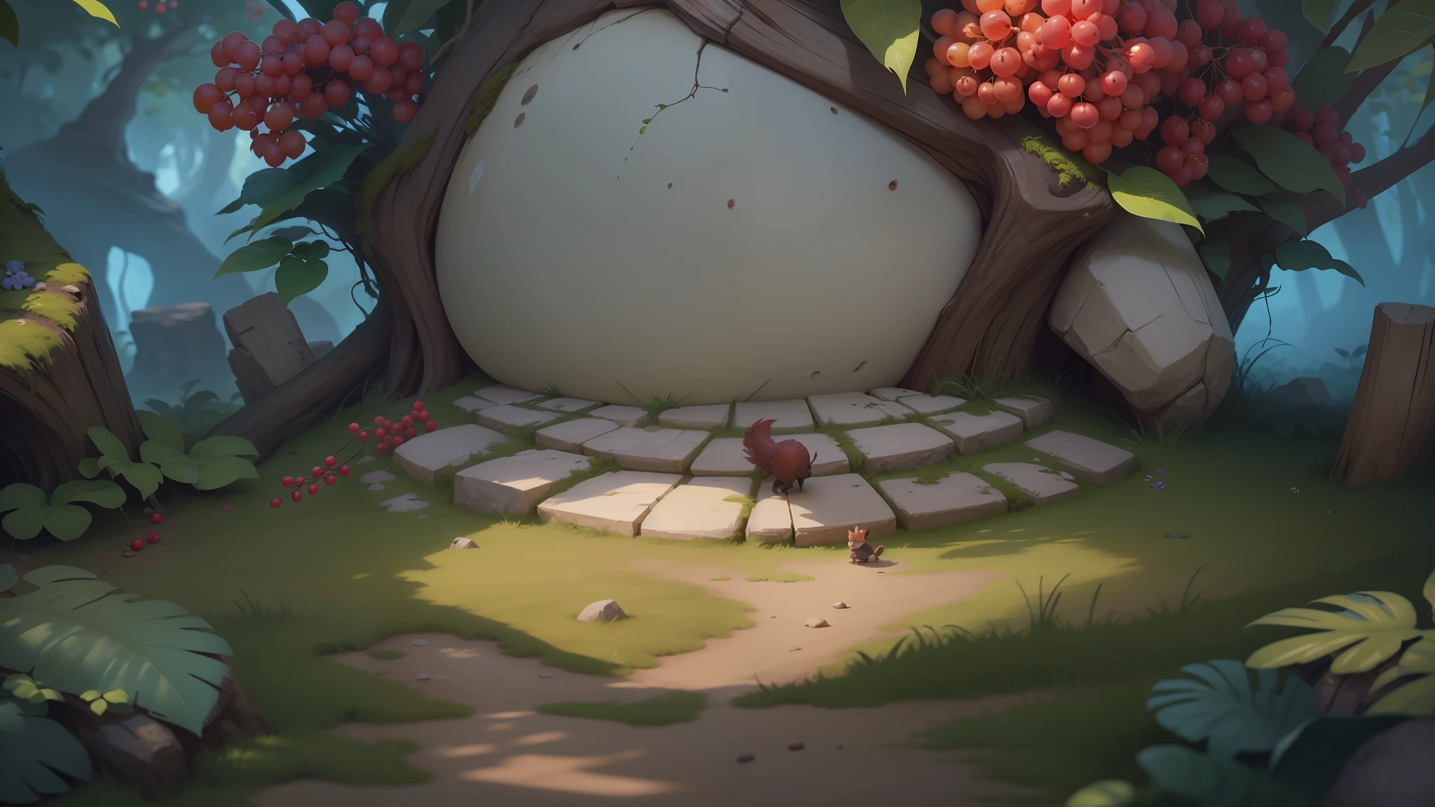 illustration game scene, The Croods, DreamWorks animation, background image of game characters, natural environment, high quality background image with empty ground, wide angle photography, fantasy plants, berries, moss, microscopic perspective, cartoon style, tropical plants, horizontal composition, bright, super high resolution, super high quality, clear detail, forest, game scene map --auto