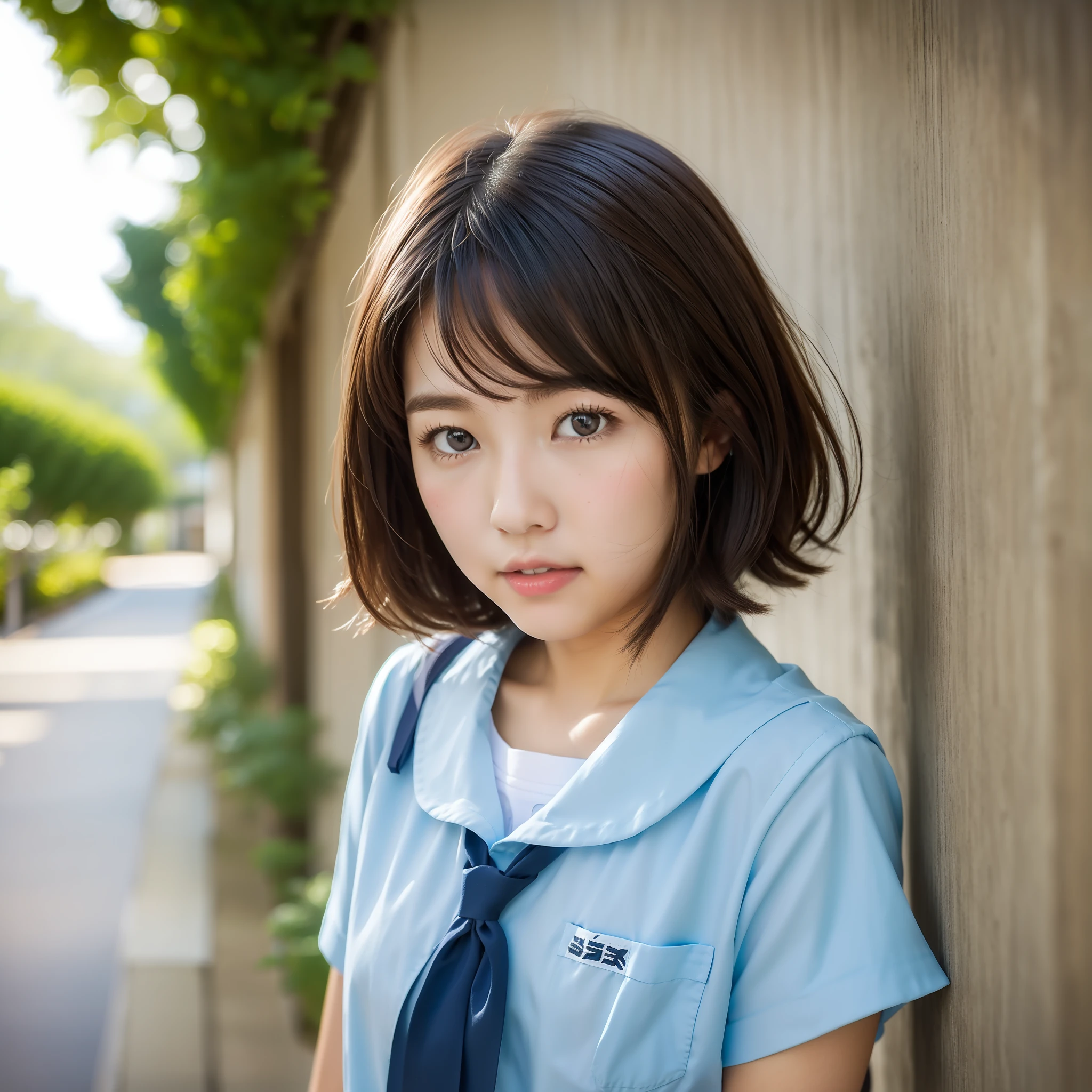 Cute high school girl looking at camera、Short cut、Bust shot of the face、Summer uniform、from front view、