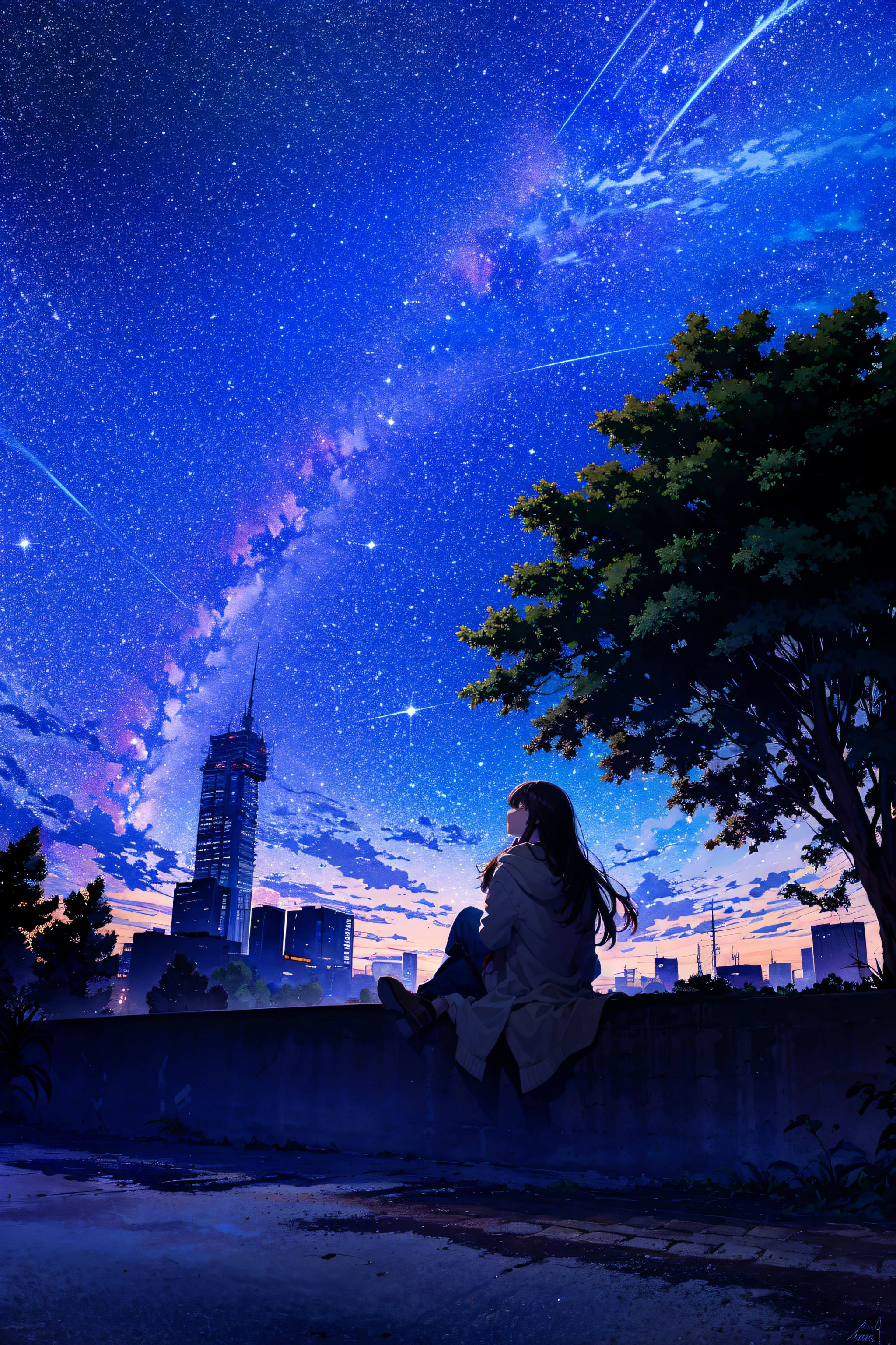 octans, sky, star (sky), scenery, starry sky, night, 1girl, night sky, solo, outdoors, signature, building, cloud, milky way, sitting, tree, long hair, city, silhouette, cityscape