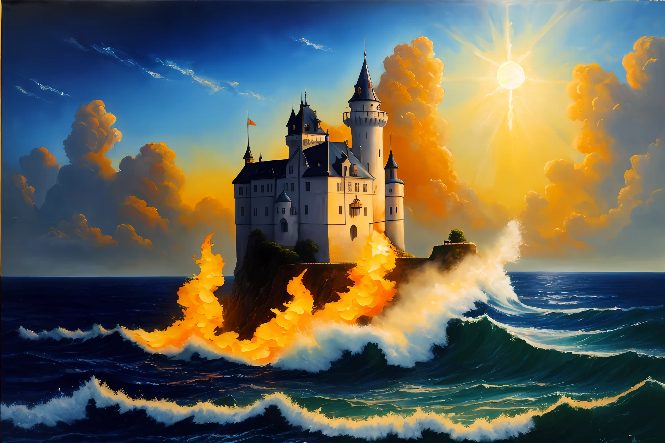The sea is rough in the dark,There is fire at sea,There is a castle in the center of the sea,Guarded by the light of God,Oil painting feeling