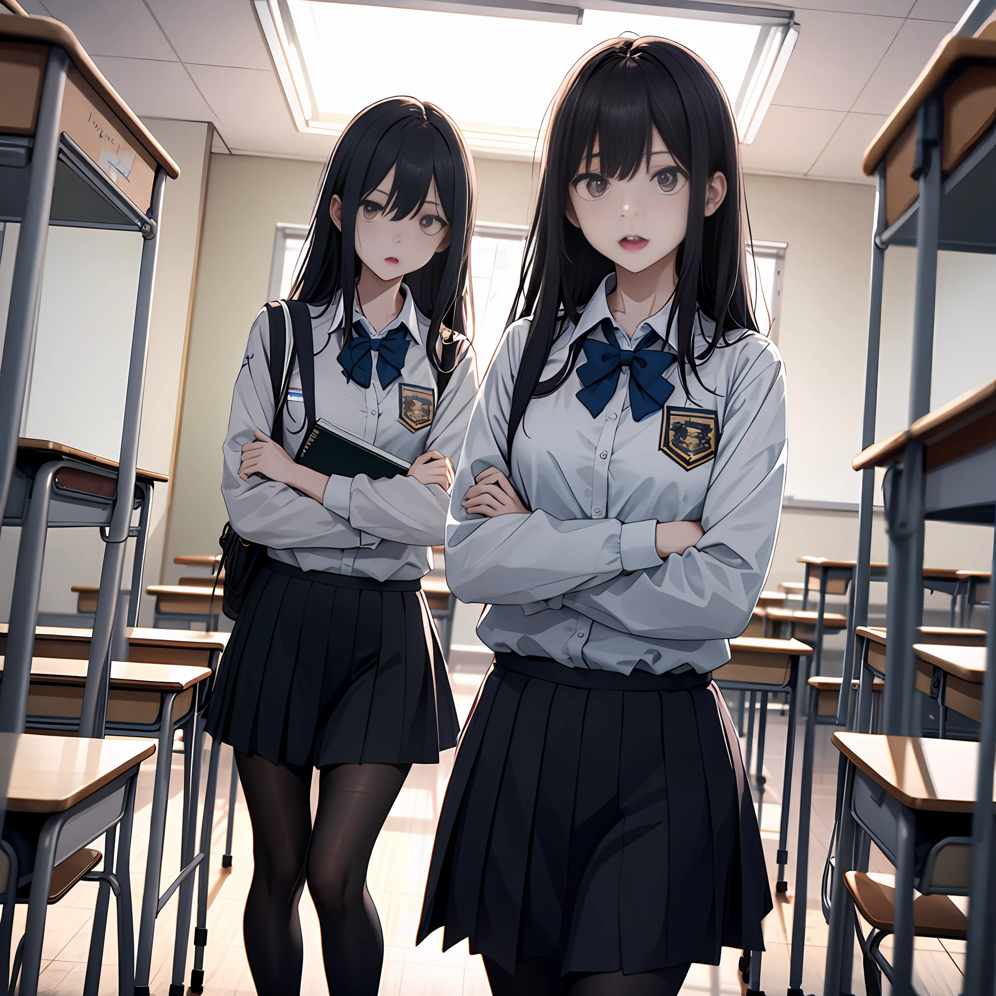 Panic and fear in the classroom，Panicked classmates，Chill，Gloomy atmosphere，Nervousness，Normal lenses，Shoot during the day，Use GAN technology，Unity引擎，high sharpness。Students，Mature，20岁，standing a，screams