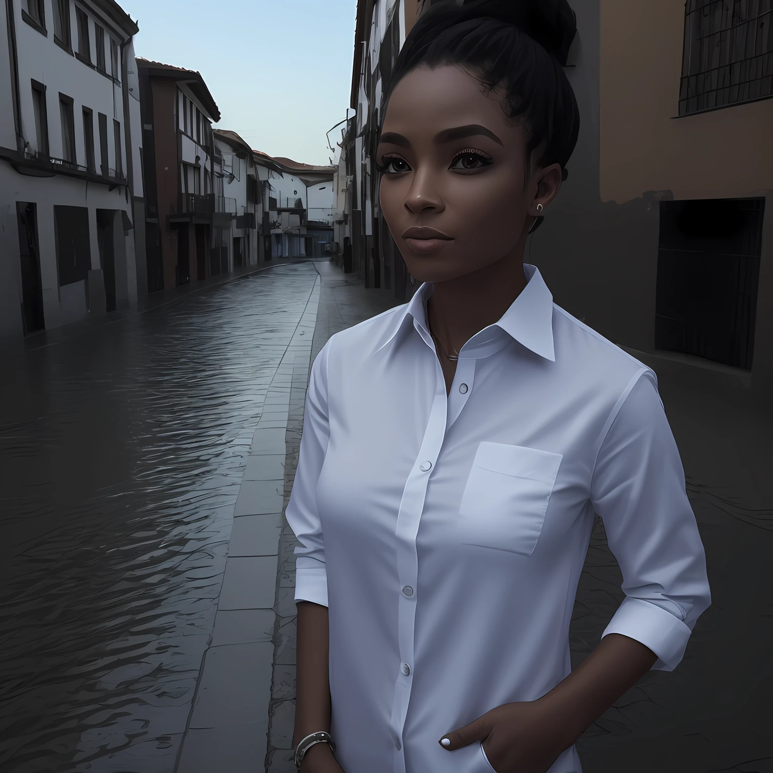 ((Melhor Qualidade, 8K, Obra-Prima: 1.3)), Clear: 1.2, Beleza Corporal Perfeita: 1.4, Slim Abs: 1.2, ((Penteado em Camadas, Seios Grandes: 1.2)), ( mulher africana )  (Wet White Button Long Shirt: 1.1), (Chuva, Rua: 1.2), Molhado: 1.5, Textura facial e de pele altamente detalhada, olhos detalhados, Double eyelids, Side face looking at the camera --auto