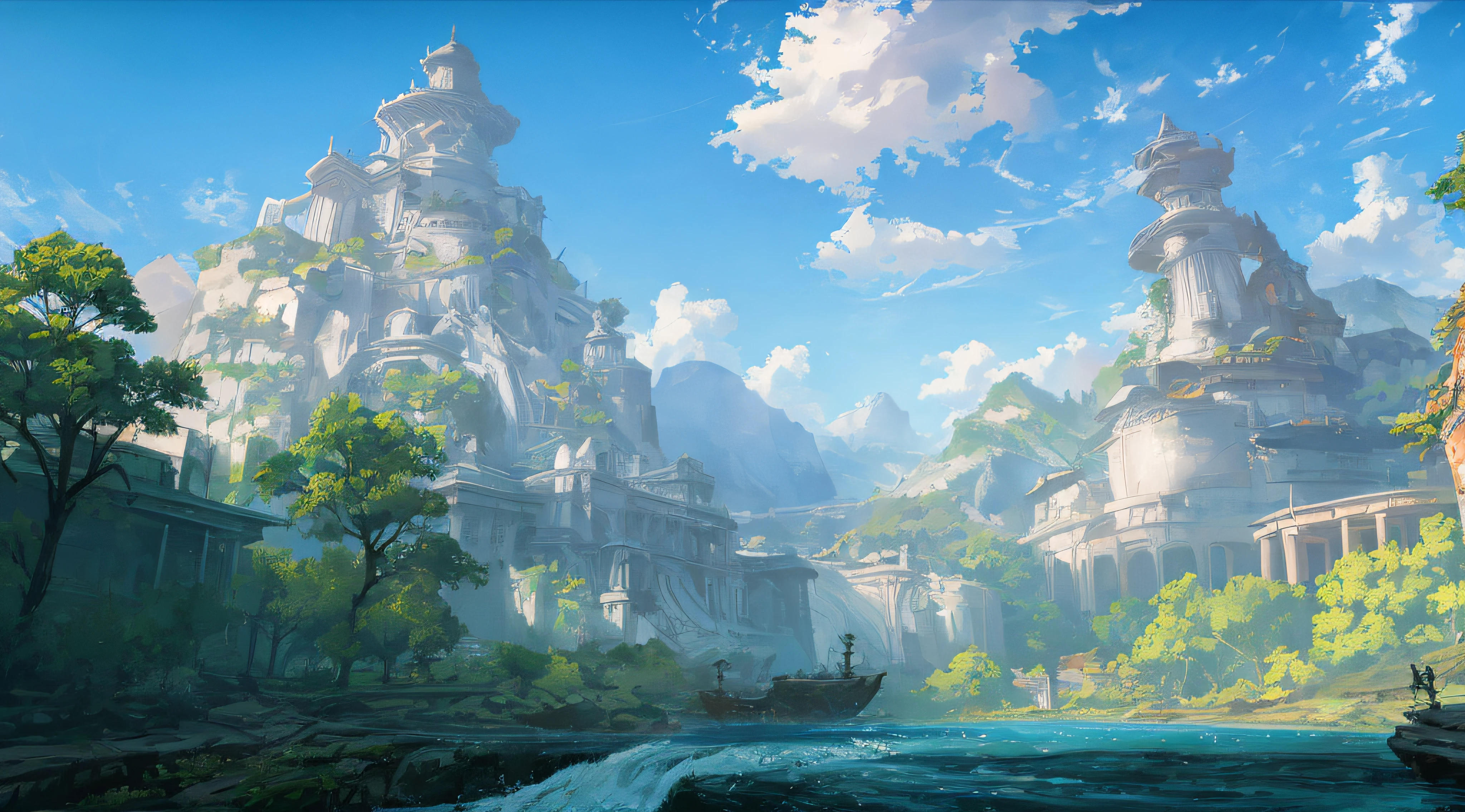 ConceptArt, nobody, landscape, water, sky, day, tree, cloud, waterfall, outdoors, architecture, nature, river, blue sky