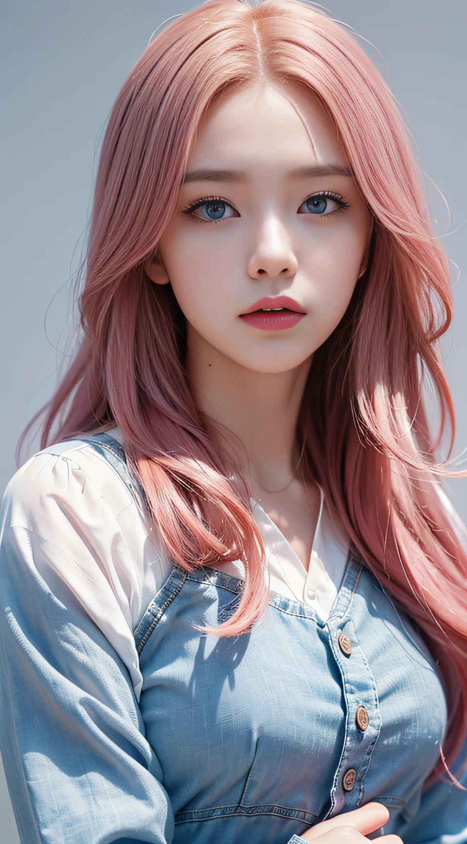 best quality, ultra high res, (photorealistic:1.4), (detailed beautiful girl:1.4), (medium breasts:0.8), looking_at_viewer, Detailed facial details, beautiful detailed eyes,pink hair, blue eyes, slender, haunting smile, (makeup:0.3), red lips, highly detailed clothes, (ulzzang-6500-v1.1:0.3)