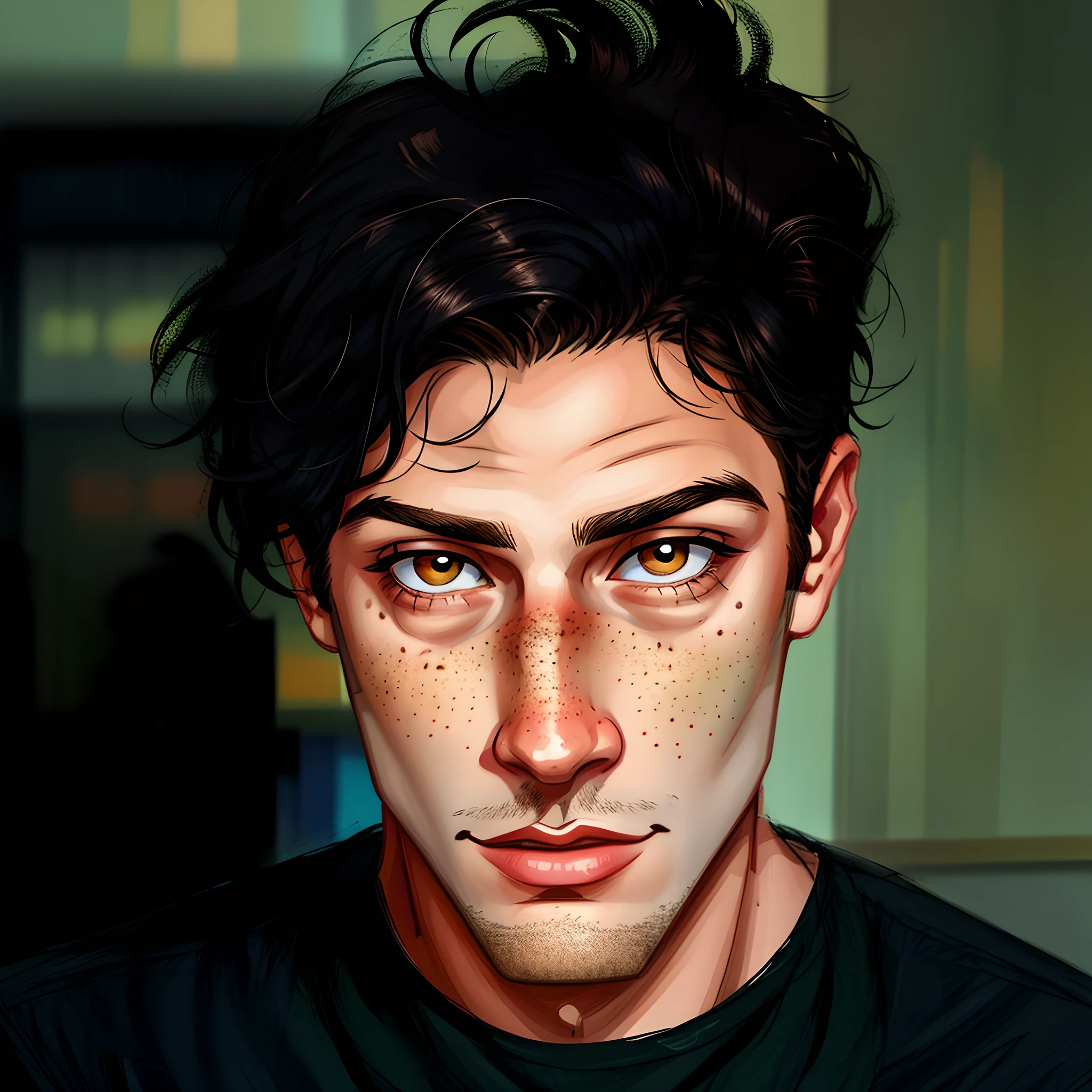 there is a digital painting of a young man with freckles on his face