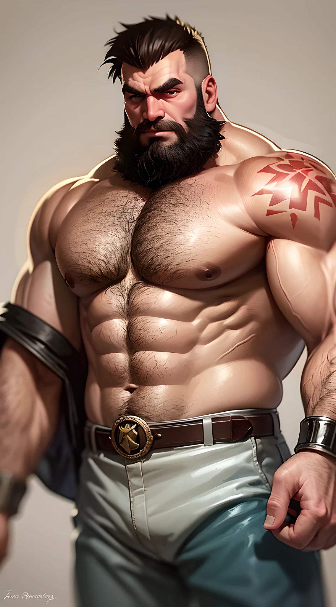Zangief is a huge Russian fighter, pesando 400 libras e medindo pouco mais de 2,10 metros de altura, colocando-o como um dos personagens mais altos de toda a lista do Street Fighter . Desde sua estreia em Street Fighter II: The World Warrior em 1991, Zangief foi retratado com barba e moicano, along with a unique formation of chest hairs on his torso and on his shins.. His massive body is almost entirely covered in scars from his fights with brown bears in the arid and remote area of Siberia. O guarda-Zangief'A roupa consiste em um simples shorts de luta vermelho com um cinto dourado, junto com pulseiras vermelhas e douradas e suas botas de luta livre vermelhas com detalhes dourados. Em uma das artes conceituais de Zangief, Ele usava uma blusa e tinha um marinheiro's anchor tattoo on his left arm.