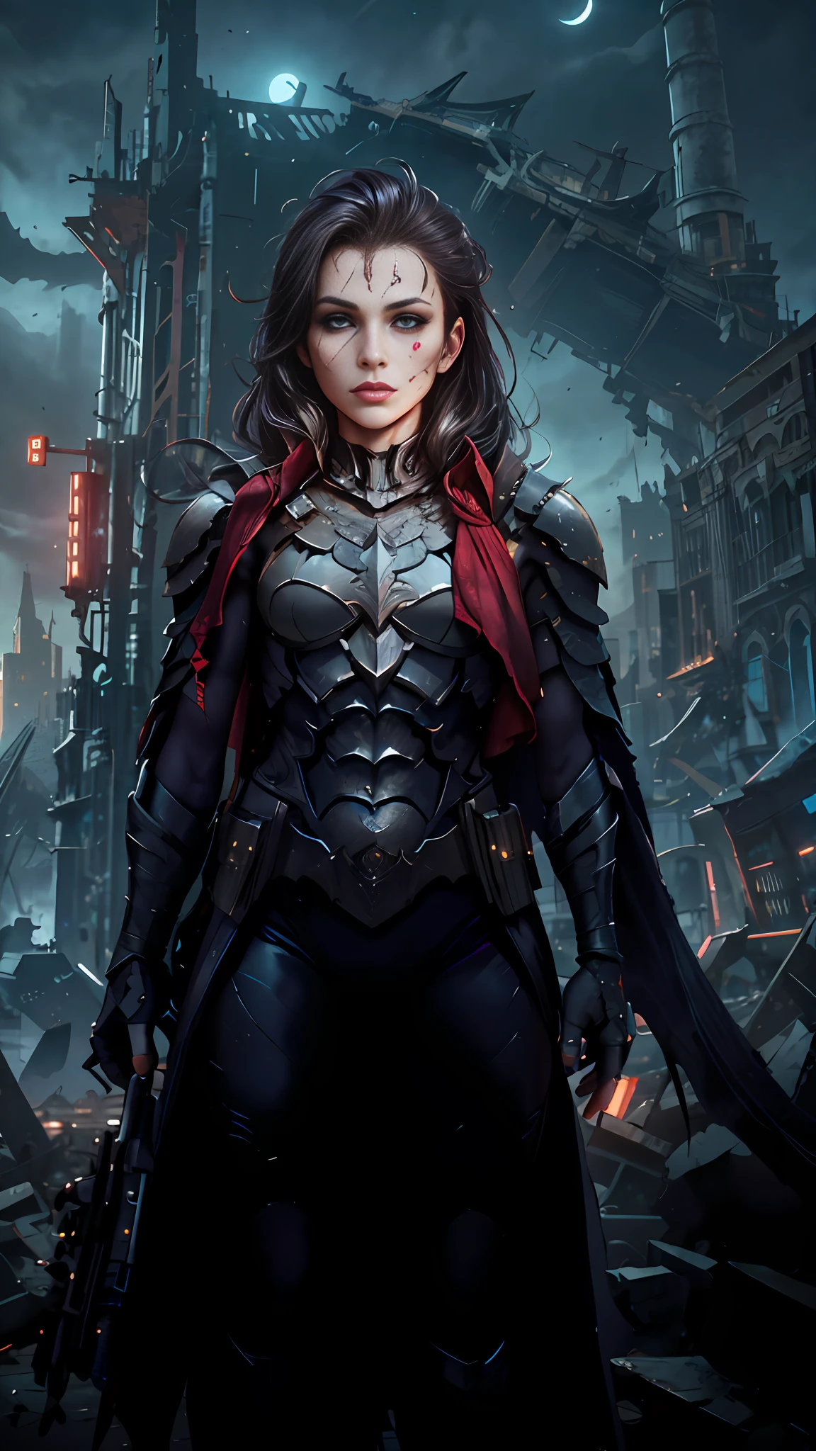 Batman from the dark knight stands imposing in a gothic lost city. Moonlight highlights your muscles and scars. The scenery is lush and mysterious, with futuristic tech and surroundings. The camera details everything, a warrior woman, in front of him.