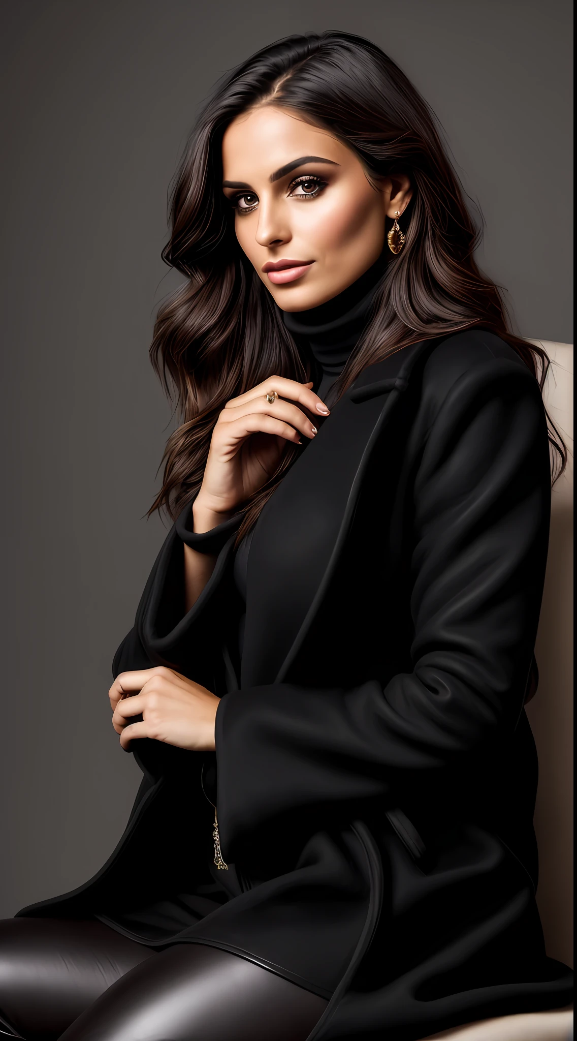 dark and gloomy, 8k, front photo of an extremely beautiful 30-year-old brunette Brazilian posing with her hand on her chin and sitting in a leather armchair, (perfect side hair, makeup, dark eyes), (luxury long black chalk coat closed), (black dress turtleneck under coat), (closed clothes), archetype of the magician,  front vision, looking seriously at the audience, dynamic pose, hyper realistic,{extremely beautiful olive skin}, (highly detailed skin: 1.2) {{{masterpiece}}}, realistic texture, dynamic composition, Fujifilm XT2, 85mm F1.2, shutter speed 1/80, (bokeh), high contrast
