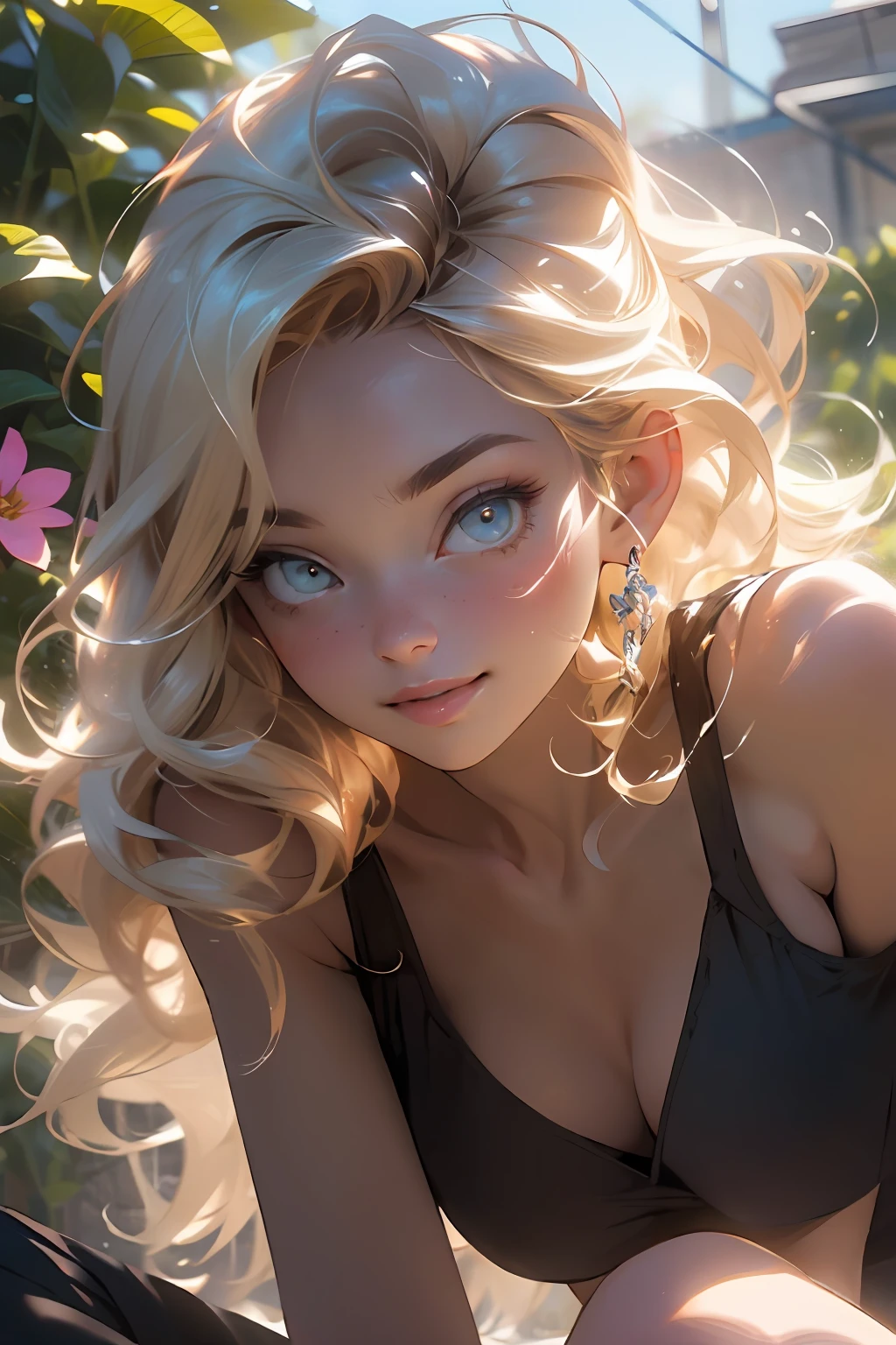 melancholy lighting, quiet, calm, brightness, masterpiece, best quality, 1girl, (JinxLol:1.2), (ultra photorealistic:1.3), (masterpiece:1.4), best quality, ((realistic)), high quality, ultra detailed, ((Real image)), ((realistic skin)), ((realistic face)),(illustration:1.05), (beautiful:1.05), (beautiful detailed eyes:1.05), (cinematic light:1.1), Full body, precise proportions, 18-year-old girl, skinny model lying on the grass, surrounding garden, tree shadow, GINGER BLONDIE hair fluttering in the wind, tulle, long legs, slightly open feet, buttocks, blush, shyness, collarbone, abdominals, double weave, beautiful and delicate face, fair skin, real skin, (face detail), pores, super high resolution, 8k, parameters Best quality, masterpiece, super high resolution, (Realistic 2.0), More details, detailed skin, transparent RED panties, wide smile, white teeth, GINGER BLONDIE hair voluminous, perfect and well designed eyes, girlfriend, beautiful, beautiful, flowers, studio lighting