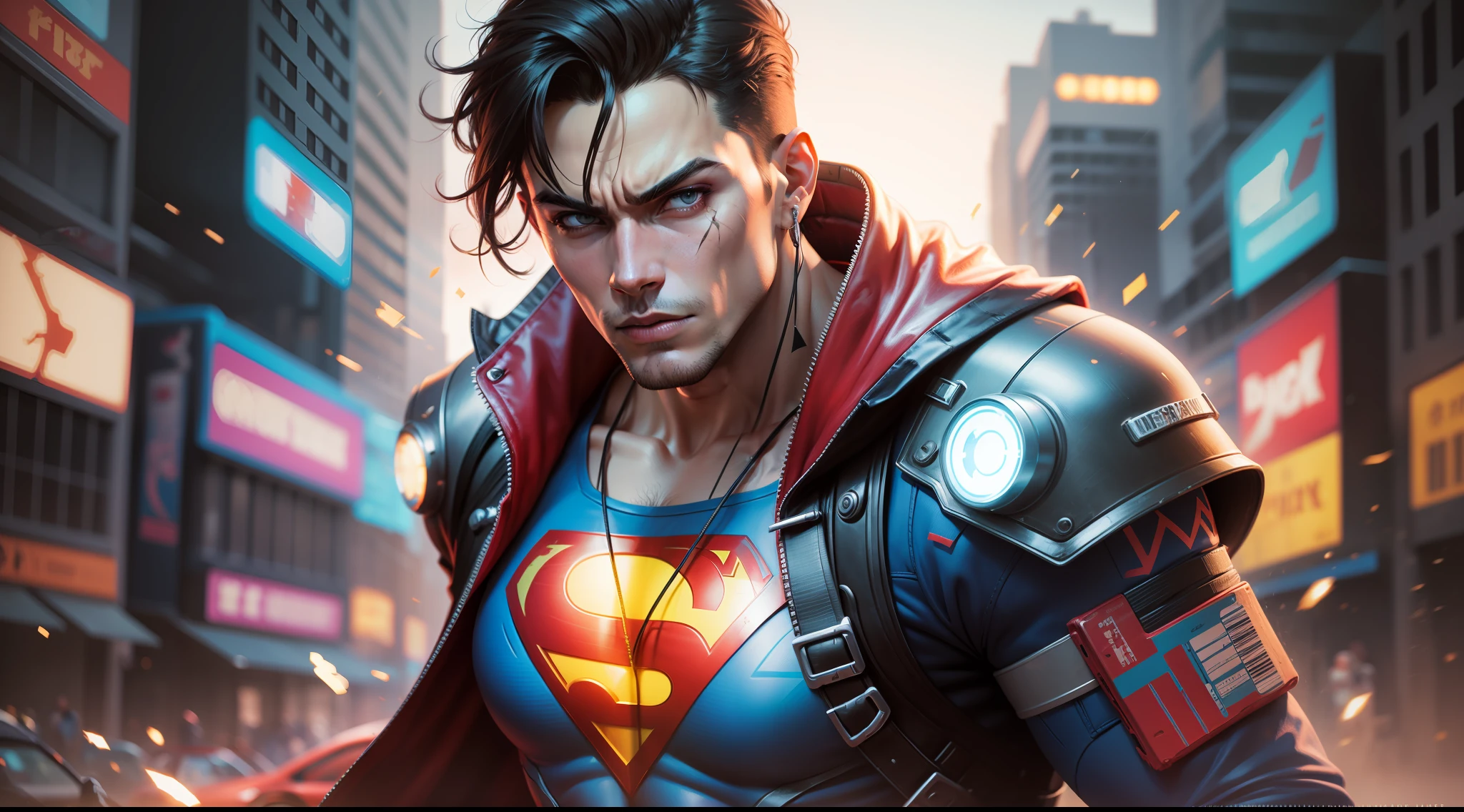 Cyborg Superman from DC, neon ring on background, cyberpunk art style, cyberpunk style, cyberpunk style, cyberpunk character, hyper-realistic cyberpunk style, cyberpunk color, powerful lighting, motion synchronization, dynamism, charged energy, hot action