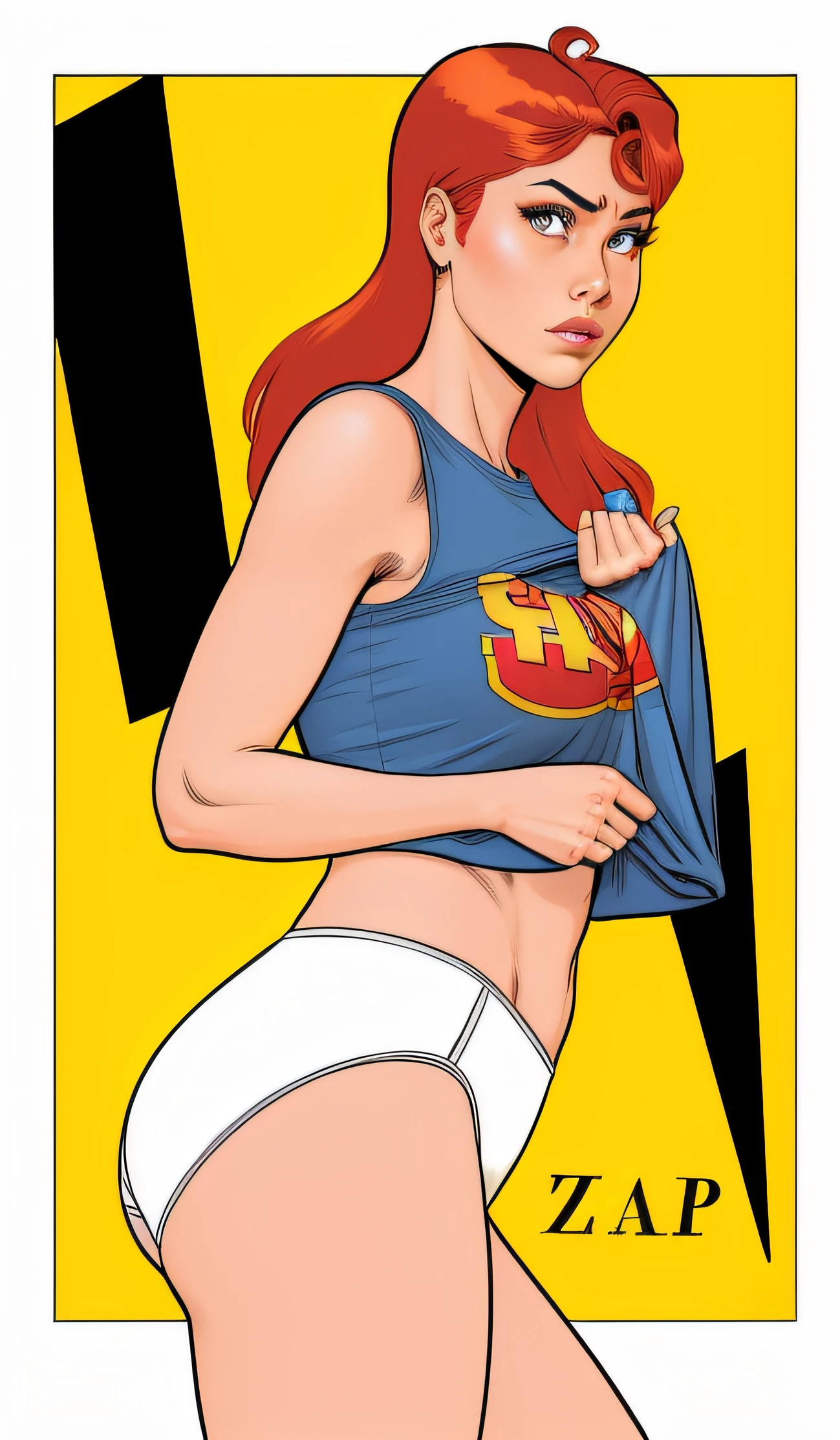 Red haired Latina lifting her blue shirt to show her white high cut panties, comic book art style