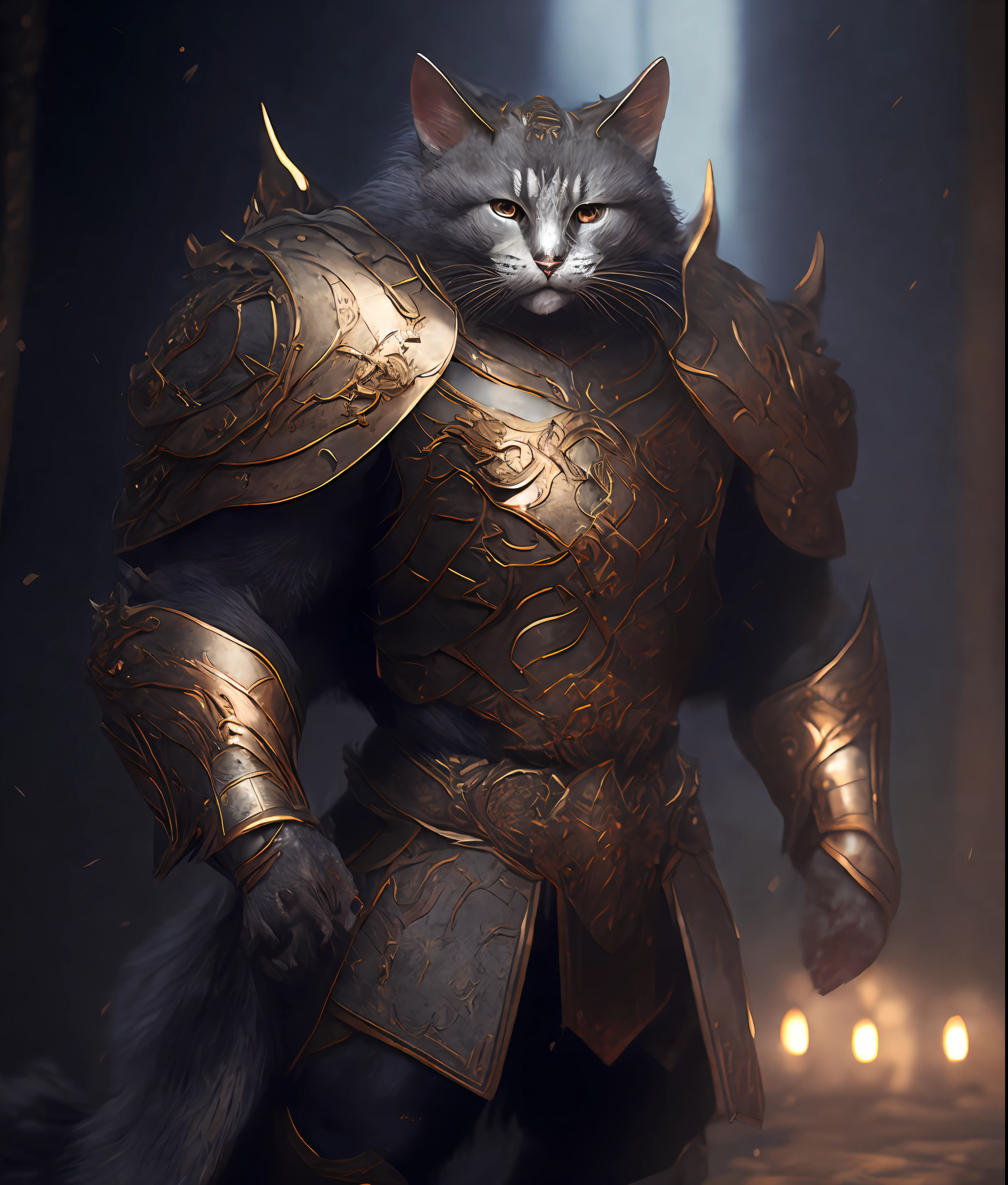 (Masterpiece), best quality, (extremely thin CG uniform 8k wallpaper), (best quality), (best illustration), (best shadow), full body photo, anthropomorphic gray cat, Hercules, warrior, China Heavy armor, Chinese ink style, stunning ancient chinese epic theme, martial arts style, chinese fairy tales, highly detailed, dynamic, cinematic, stunning, realistic lighting, vivid, vibrant, 8k,  octane rendering, fantasy engine, very detailed, concept art, reality, crying engine,