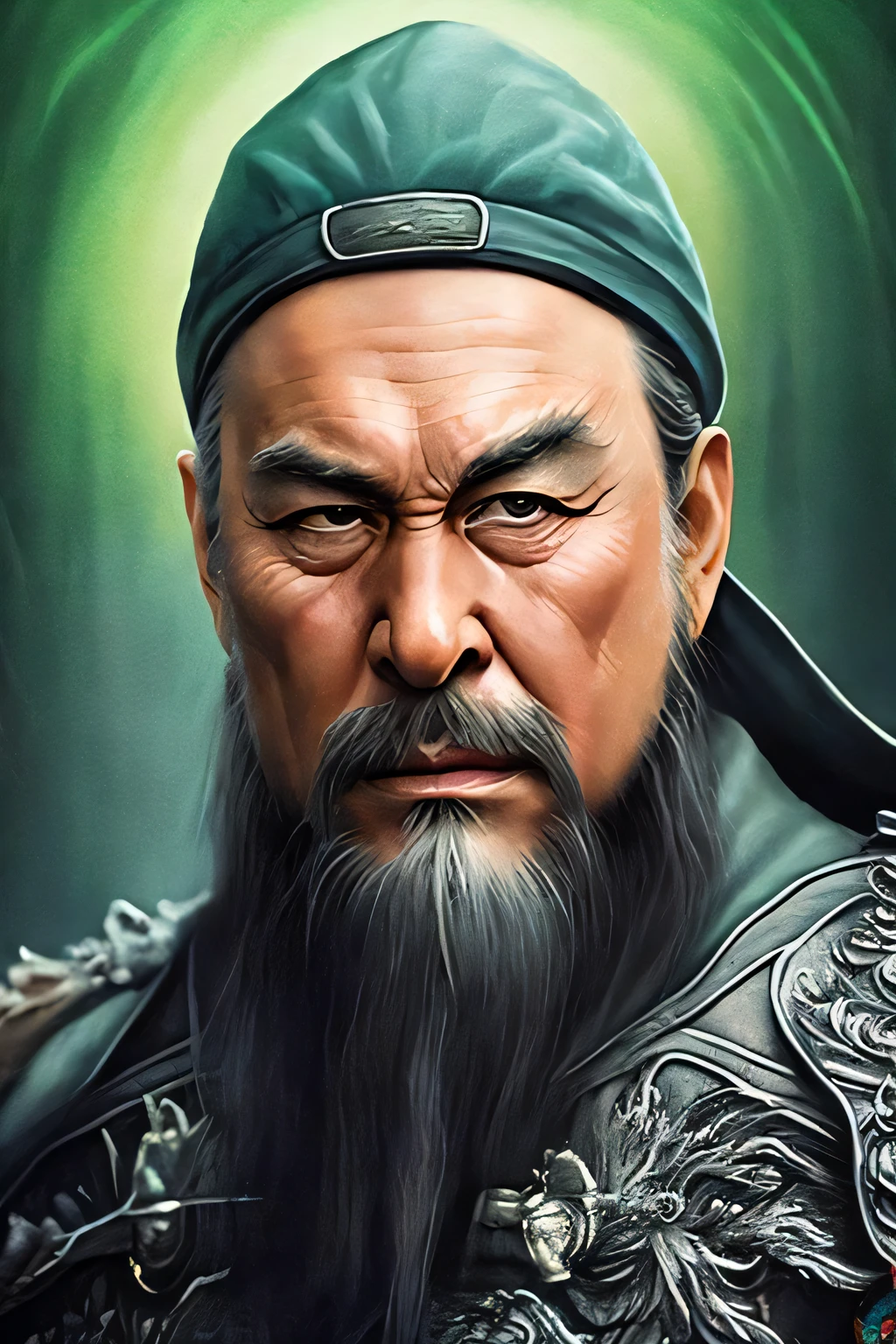 male ,full body ,(green metal armor, metal dragon head on the shoulder, holding sword, (colored skin, ),(long heavy black beard):1.2), (green metal armor with intricate pattern:1.2), gloves, long pants, (insanely detailed, bloom:1.5), (highest quality, concept art, 4k), (analog:1.2), (high sharpness), (detailed pupils:1.1), (painting:1.1), (digital painting:1.1), detailed face and eyes, Masterpiece, best quality, (highly detailed photo:1.1), 8k, photorealistic, (dark hair color, dynamic short hair), (pureerosface_v1:0.2), [:(detailed face:1.2):0.2], sharp, realistic, real shadow, (Chinese castle background:1.2), old man, 65 years old,