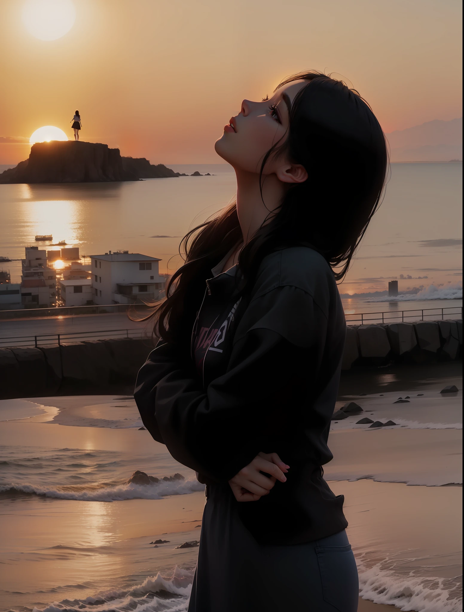 arafed woman standing on a beach looking up at the sky, with sunset, with a sunset, satisfied pose, bae suzy, attractive pose, girl watching sunset, lofi girl aesthetic, girl dancing on cliff, looking at sunset, at a beautiful sunset, jisoo from blackpink, casual pose, beautiful image, the most beautiful scene, sunset mood, in the sunset