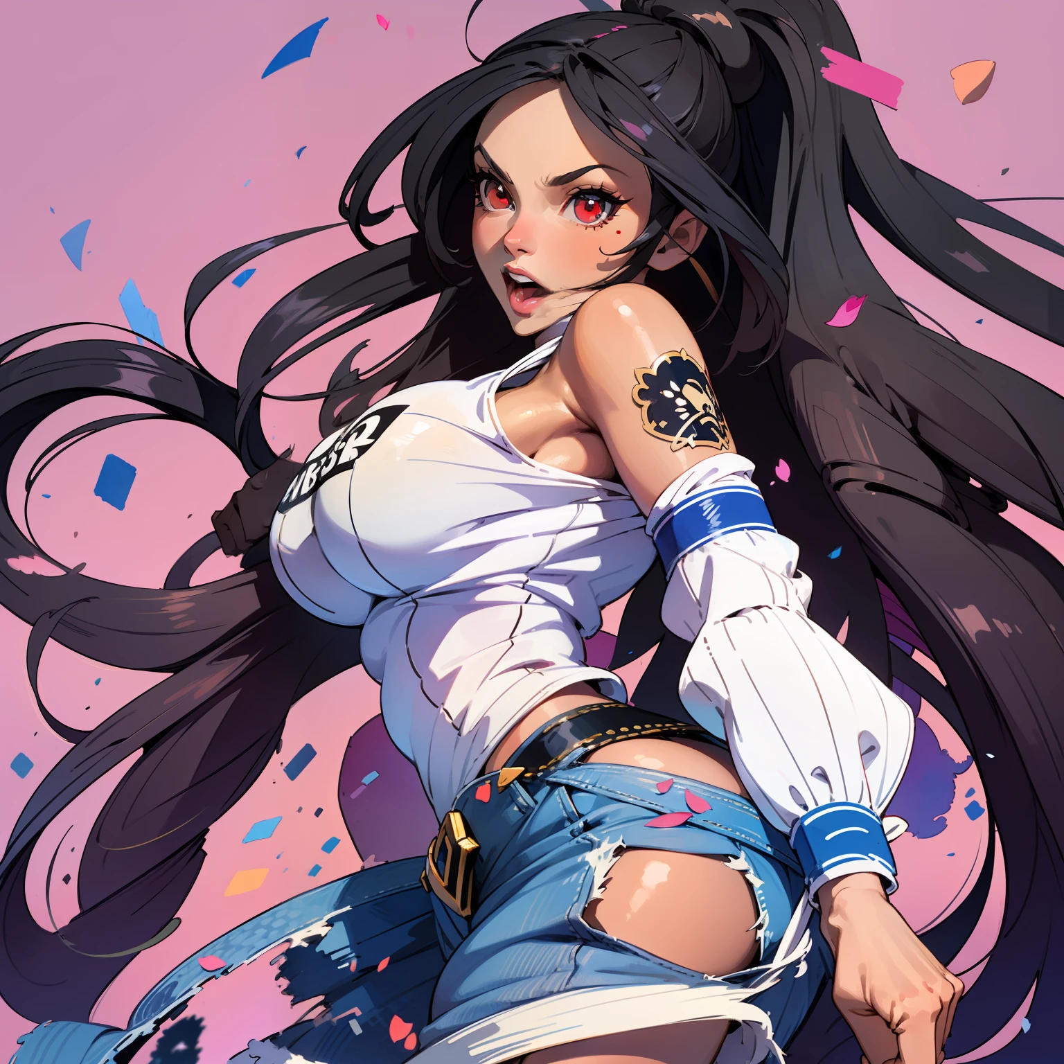 style jkenneth rocafort ::2.9 (masterpiece:1.2, best quality), (finely detailed beautiful eyes: 1.2), ((1girl kelly brook very beautiful woman big breast )), ((solo)), (red eyes:1.4), (finely detailed eyes and detailed face:1.3),), (with jeans and a white t-shirt or dress:1.3), (beautiful and clear background:1.2), (extremely detailed cg, ultra-detailed, best shadow:1.1), ((depth of field)), ((watercolor)), large breasts, bare shoulders, flowers and petals, beautiful concept illustration , (white background:0.5), (illustration :1.1), (extremely fine and beautiful:1.1), (perfect details:1.1), best quality, high quality, extremely detailed cg unity 8k wallpaper, hdr, trending on artstation, trending on cgsociety, high detail, james raiz style ::2.0 comix illustration style,tatoon style ,beautiful woman with long hair ultra detailed, (beautiful and clear background:1.2),, fantastic paintings ,graffit style, flowers, olhos altamente detalhados , a t-shirt or dressed in a white blouse underneath, position, with long black hair , stained glass colored, fantastic paintings by joe madureira ,high quality,photo, sticker art,beautiful woman carol nakamura with long hair , freedom, soul, digital illustration, comic style, perfect anatomy, centered, approaching perfection, dynamic, highly detailed, watercolor painting, artstation, concept art, smooth, sharp focus, illustration