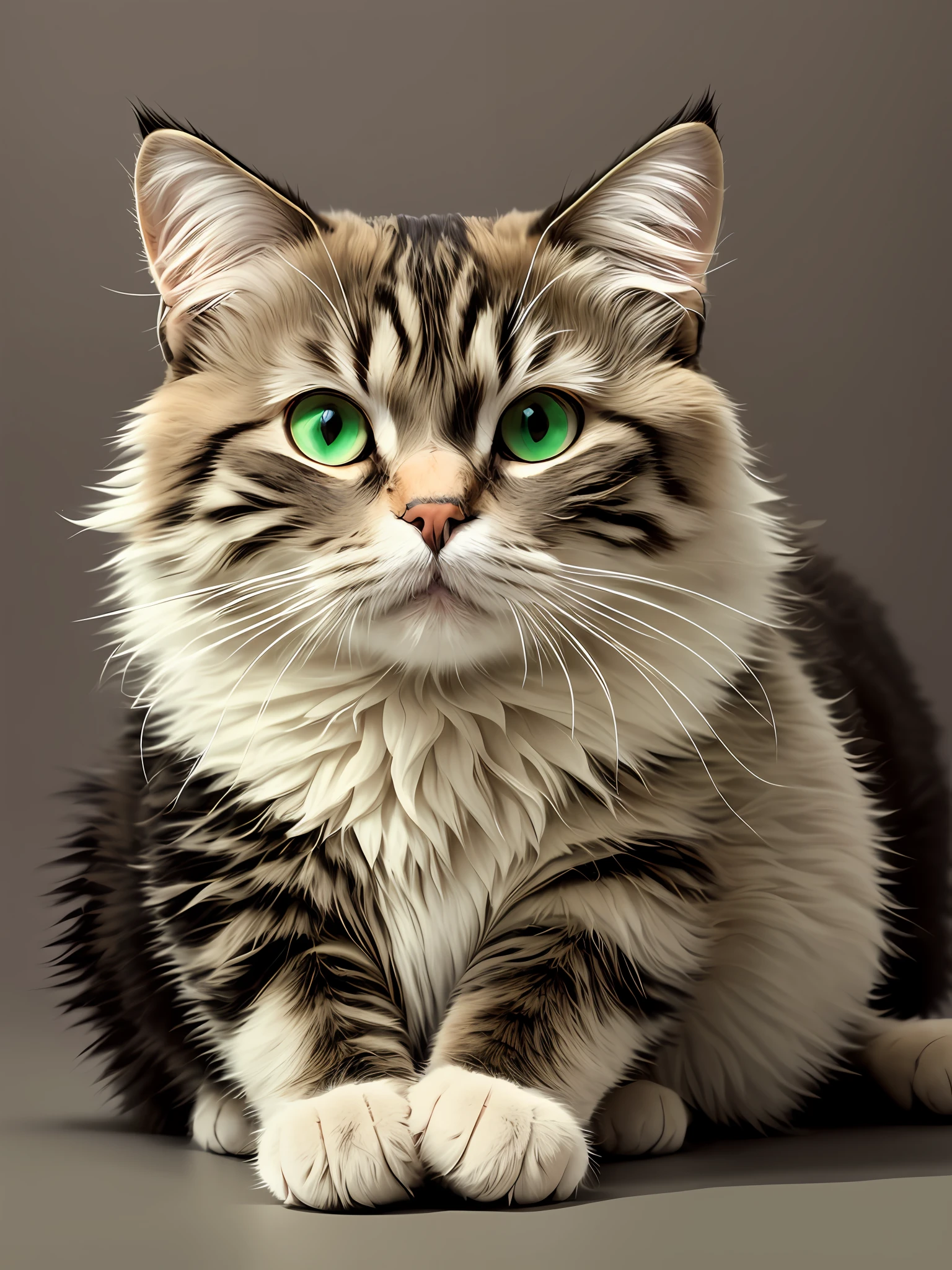 the best quality t,great resolution,ultra realisic,detailliert,beautifull,Dynamic Angle,Dynamic poses,Fluffy and furry cat,Relaxed and languid expression,Big green eyes,Bottle,Pure white background