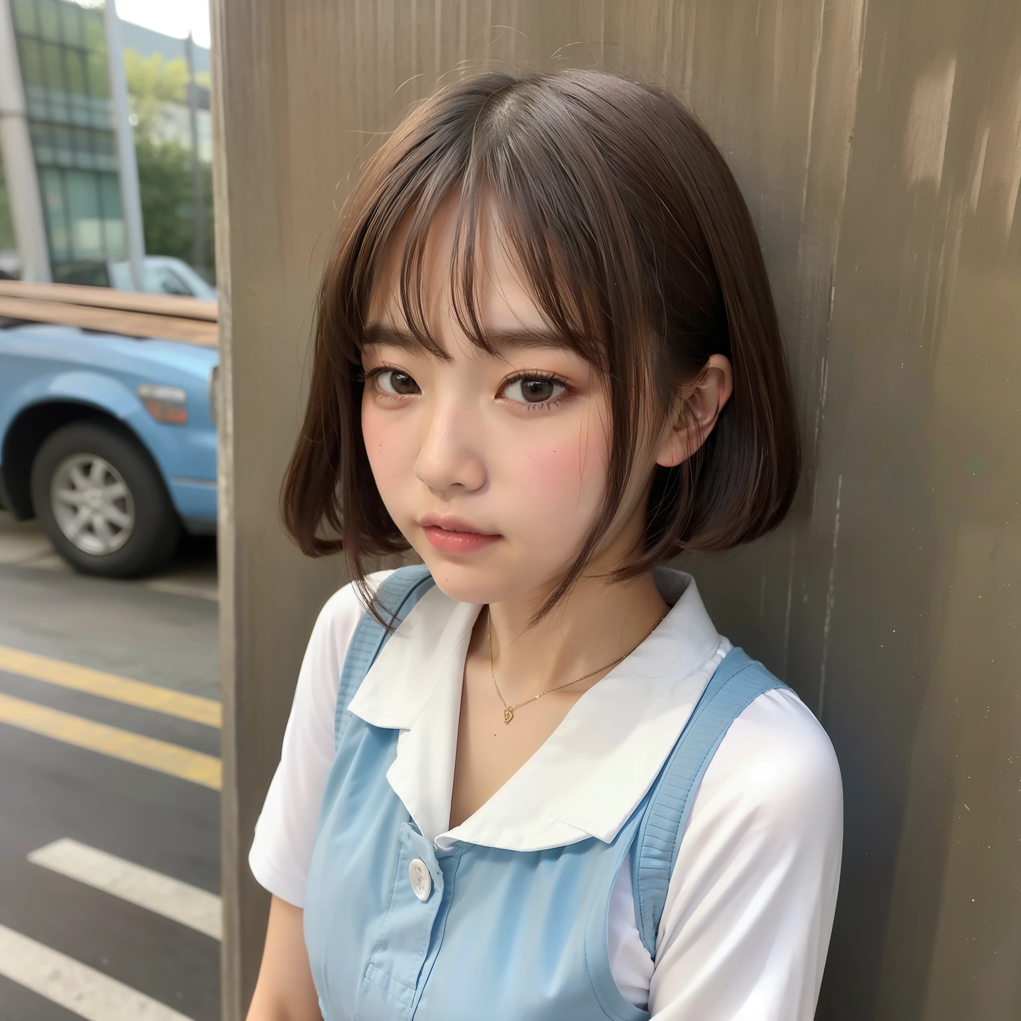 Cute high school girl looking at camera、Short cut、Close-up shot of the face、Summer uniform、from front view、