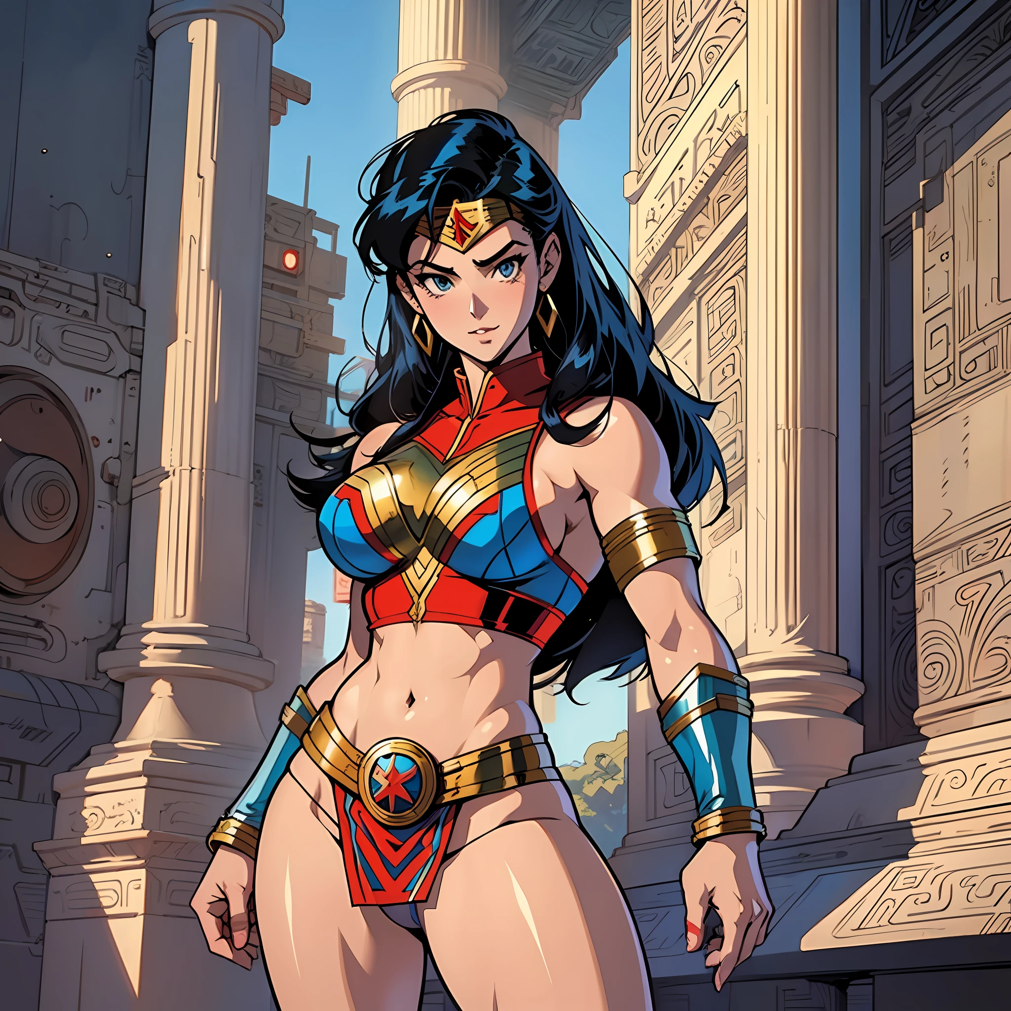 Vintage anime style from the 90s, Mayan wonder woman; science fiction, line art, military propaganda --auto --s2
