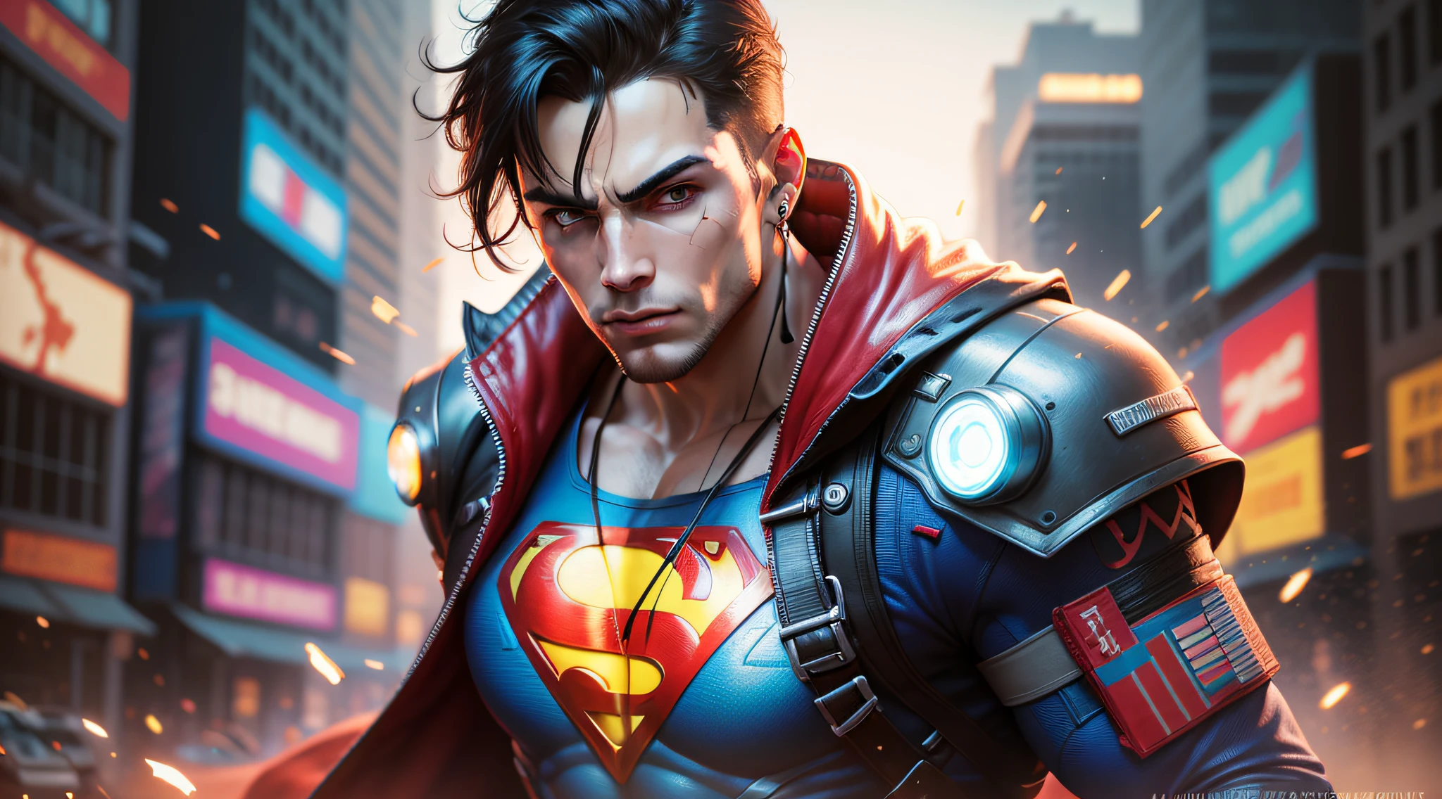 Cyborg Superman from DC, neon ring on background, cyberpunk art style, cyberpunk style, cyberpunk style, cyberpunk character, hyper-realistic cyberpunk style, cyberpunk color, powerful lighting, motion synchronization, dynamism, charged energy, hot action