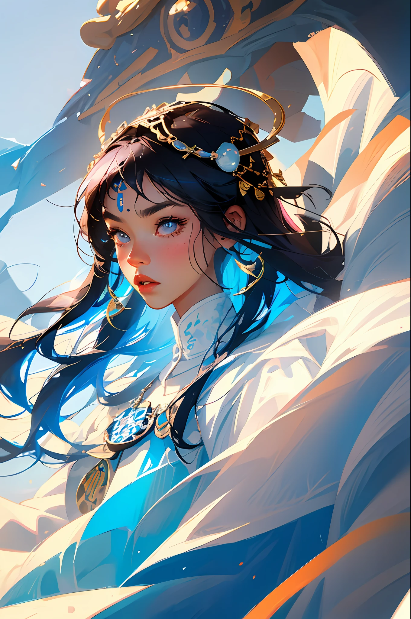 (Face close-up: 1.3), avatar close-up, Mongolian woman, Mongolian clothing, Mongolian accessories, trend, modern, blue and white background, black and white fluorescent color, flat style, minimalism, graphic illustration, Tsuruta Ichiro style,