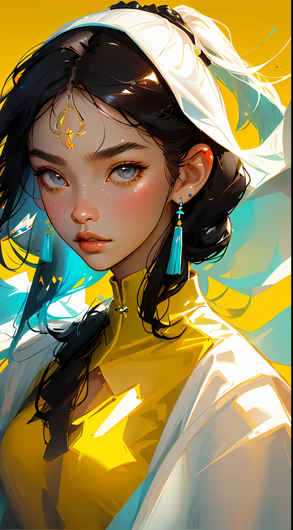 (Face close-up: 1.3), avatar close-up, Han woman, Han clothing, Han jewelry, trend, modern, yellow background, black and white fluorescent color, flat style, minimalism, flat illustration, Tsuruta Ichiro style,