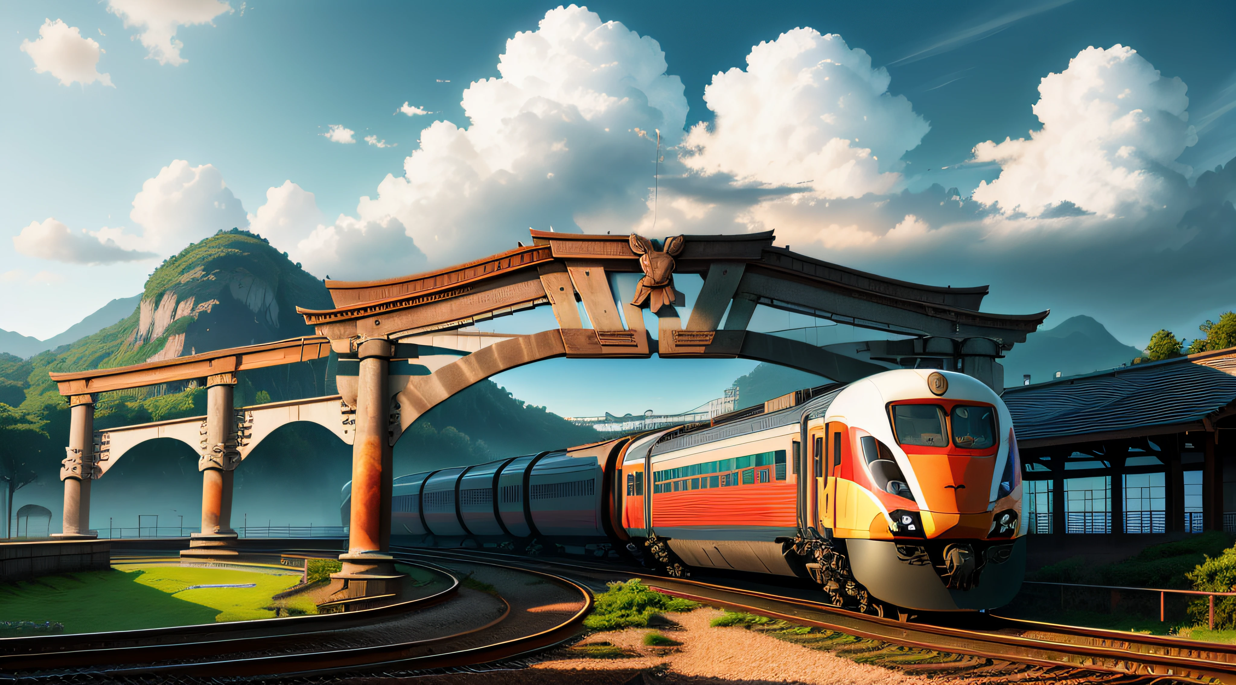 Modern high-speed train, torii, sharp and clear, very realistic (weight: 1.4), HDR, 4K, create a sense of panorama.
