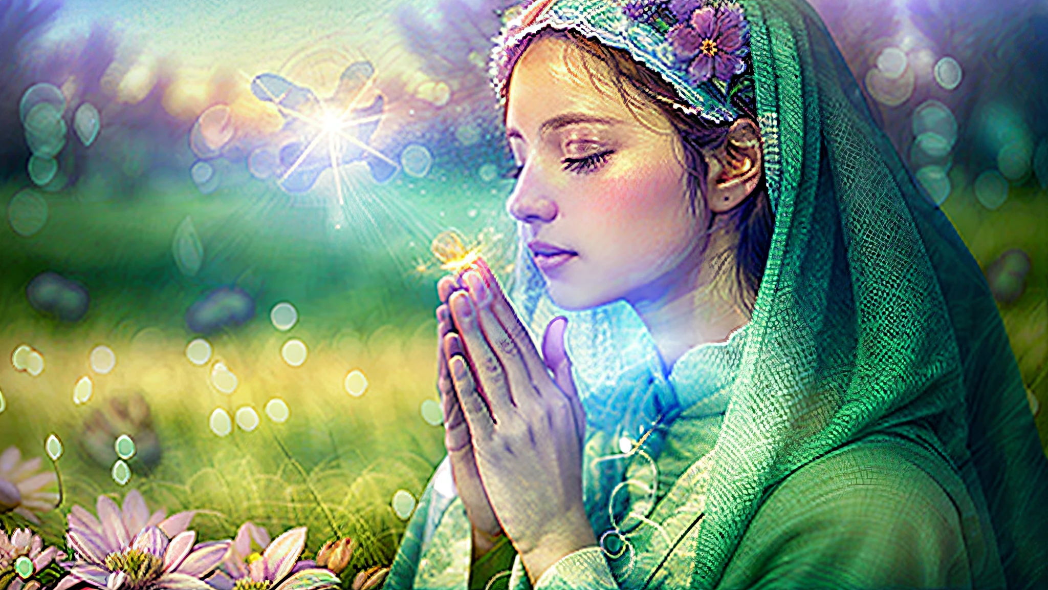 a woman in a green veil is praying in a field of flowers, deusa bonita, majestosa mulher de santo, orar meditando, imagens religiosas, religioso, Orando, holy flame spell, Rezando ao Sol, sagrado feminino, beautiful image, mulher linda, foto de perfil, beautiful depiction, deusa divina, Fae Sacerdotisa, Sacerdotisa elfa, Virgem Maria