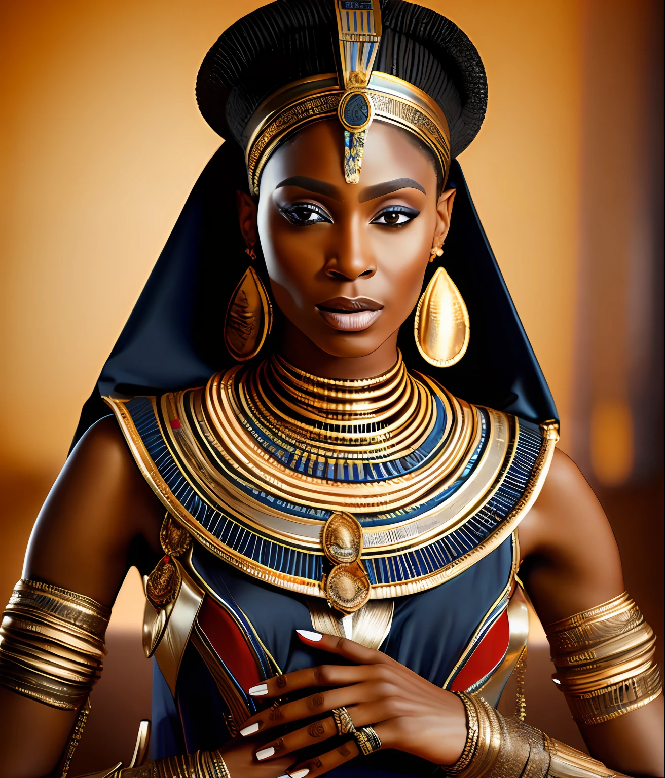 a realistic detail of a beautiful black female model wearing an Egyptian pharaoh goddess costume, royal Egyptian clothing, medium range portrait, highly detailed, sharp focus, masterpiece, commissioned, (professional hands), professional anatomy, color corrected, edited in post, (redshift style, classicnegative:1.2)