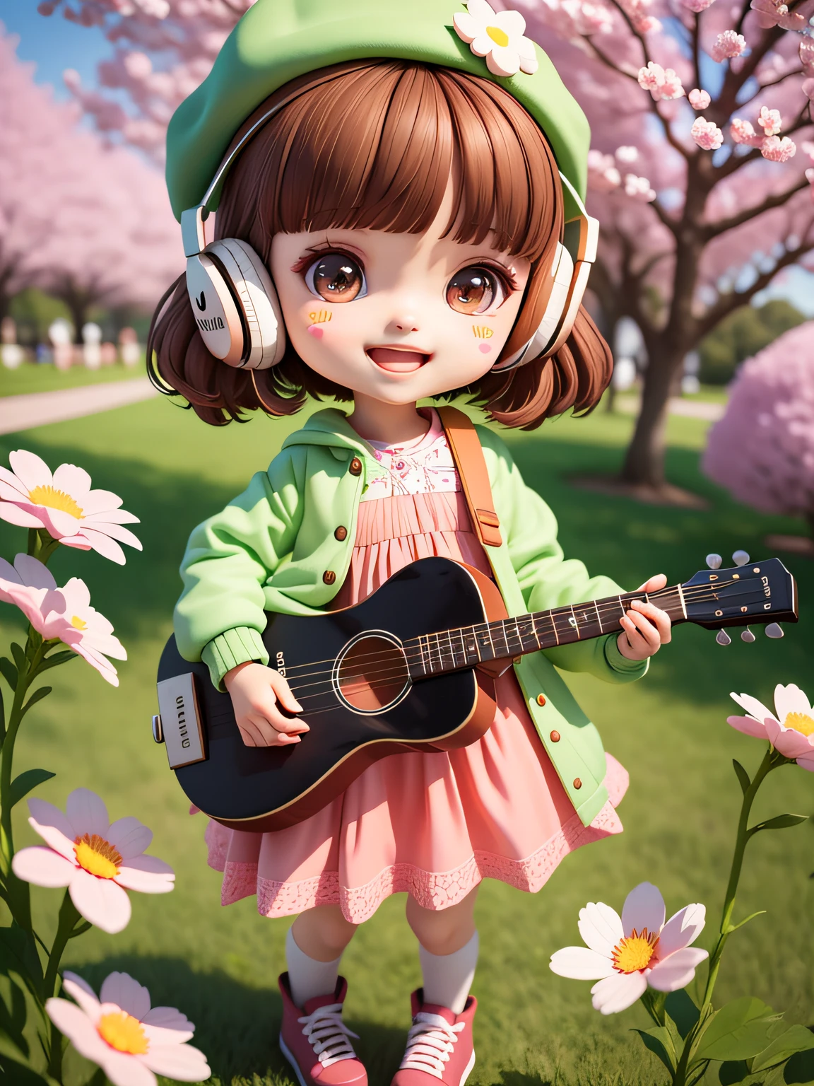 (masterpiece),(best quality),(ultra-detailed), (full body:1.2), 1girl,chibi,cute, smile, open mouth, flower, outdoors, playing guitar, music, beret, holding guitar, jacket, blush, tree, :3, shirt, short hair, cherry blossoms, green headwear, blurry, brown hair, blush stickers, long sleeves, bangs, headphones, black hair, pink flower, (beautiful detailed face), (beautiful detailed eyes),