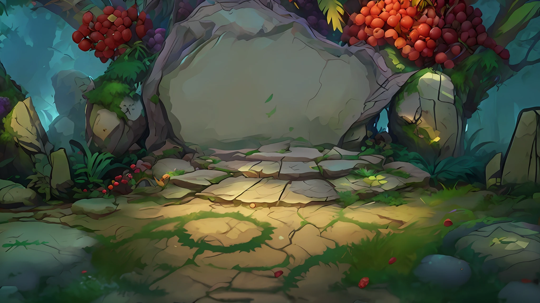 illustration game scene, The Croods, DreamWorks animation, background image of game characters, natural environment, high quality background image with empty ground, wide angle photography, fantasy plants, berries, moss, microscopic perspective, cartoon style, tropical plants, horizontal composition, bright, super high resolution, super high quality, clear detail, forest, game scene map