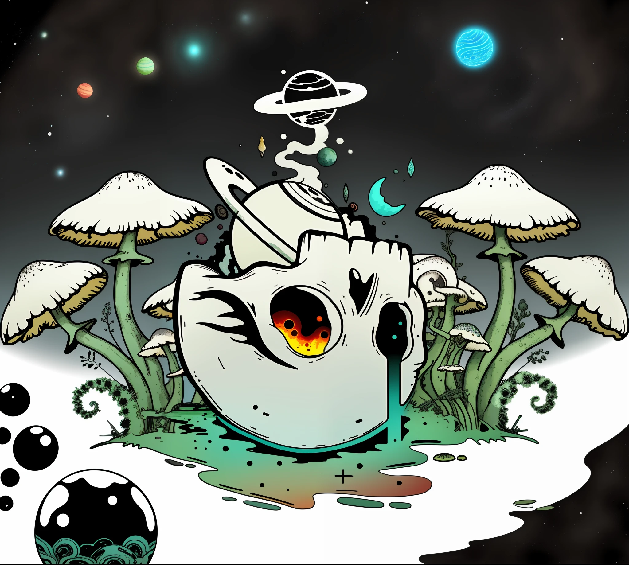 There are planets floating out next to ancient plants and mushrooms, Inkscape, faces made of planets, melting spaceships! , black fluid simulation, digital art, ( (jitter )), destroyed planet, face melts into the universe, glitch and graffiti effect, detail color