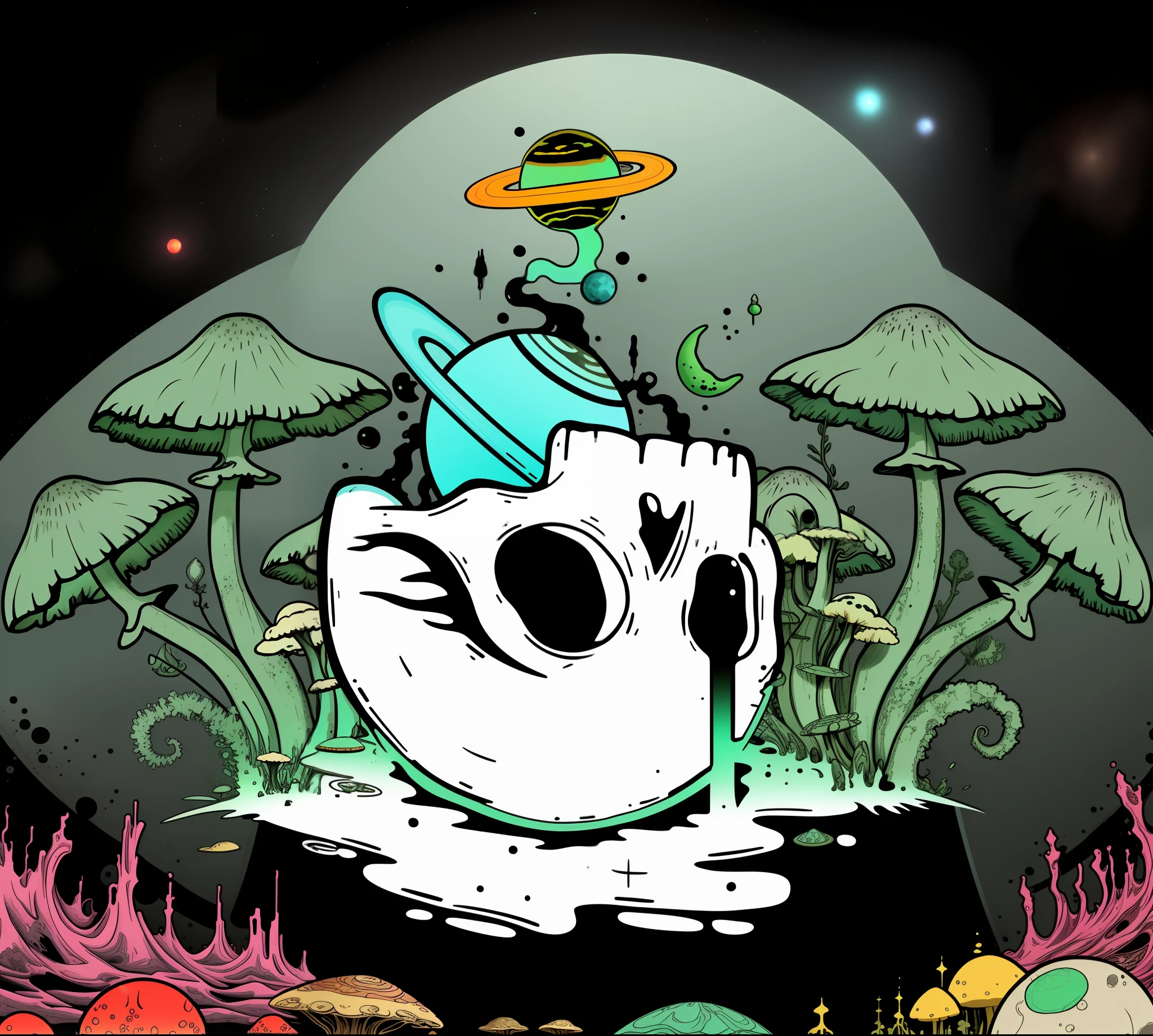 There are planets floating out next to ancient plants and mushrooms, Inkscape, faces made of planets, melting spaceships! , black fluid simulation, digital art, ( (jitter )), destroyed planet, face melts into the universe, glitch and graffiti effect, detail color