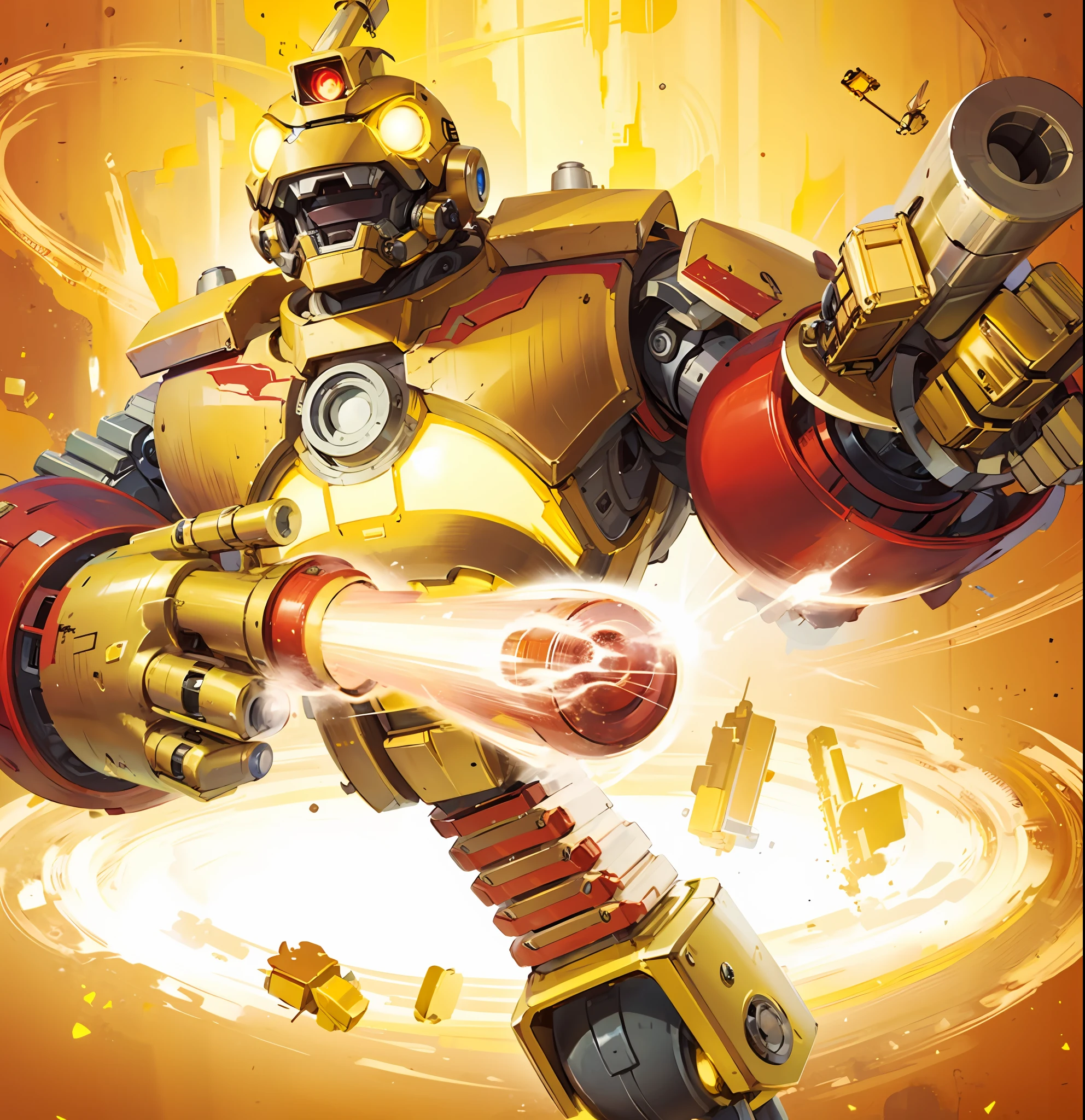 a close up of a robot with a gun in his hand, cute elaborate epic robot, minion iron man, wario as the armored titan, totoro as iron man, mechanoid, cg art, rocket, ratchet and clank, sparky metallic, beautiful robot character design, yellow mecha keetongu bionicle, steampunk robot, hq artwork, promotional art