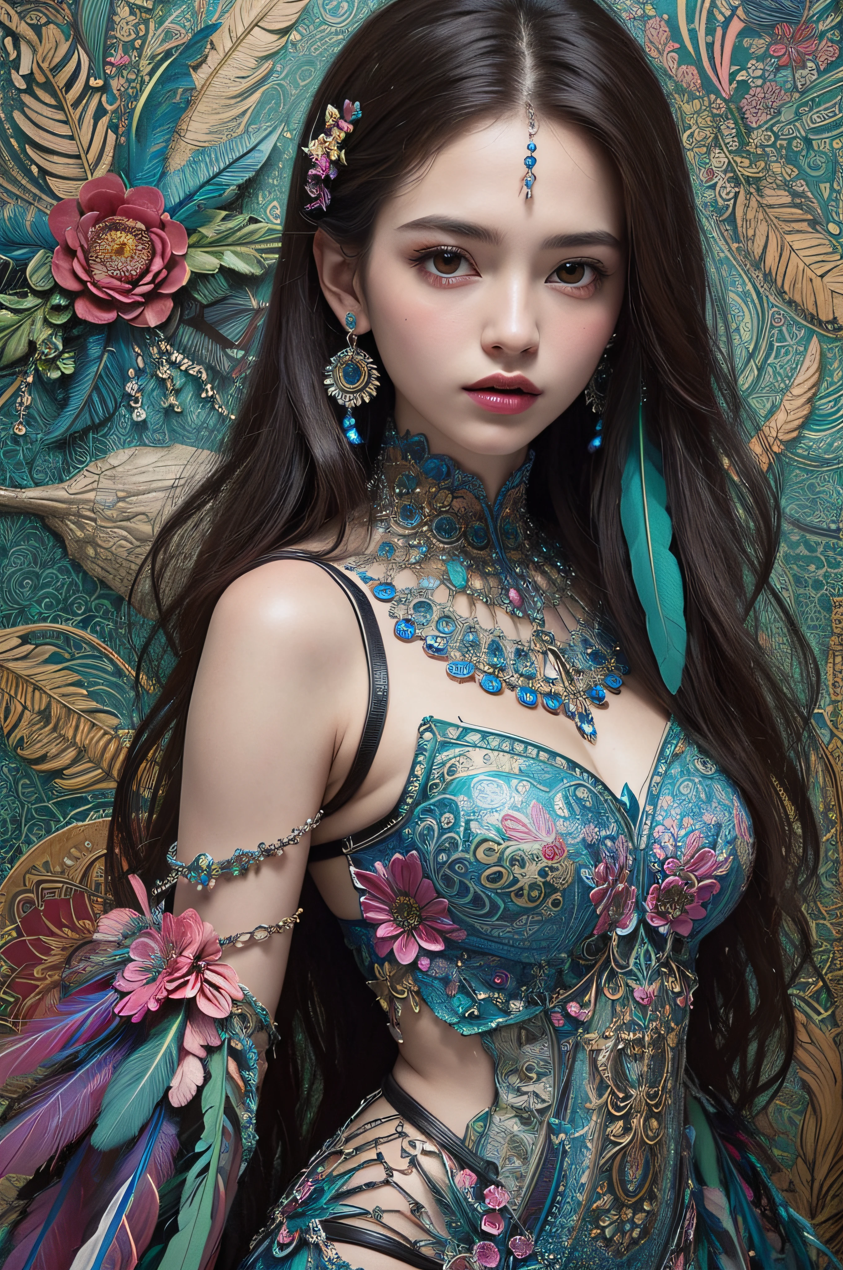 (masterpiece, top quality, best quality, official art, beautiful and aesthetic:1.2), (1girl:1.3), extremely detailed,(fractal art:1.1),(colorful:1.1)(flowers:1.3),highest detailed,(zentangle:1.2), full body, (abstract background:1.3), (shiny skin), (many colors:1.4), ,(earrings), (feathers:1.5),