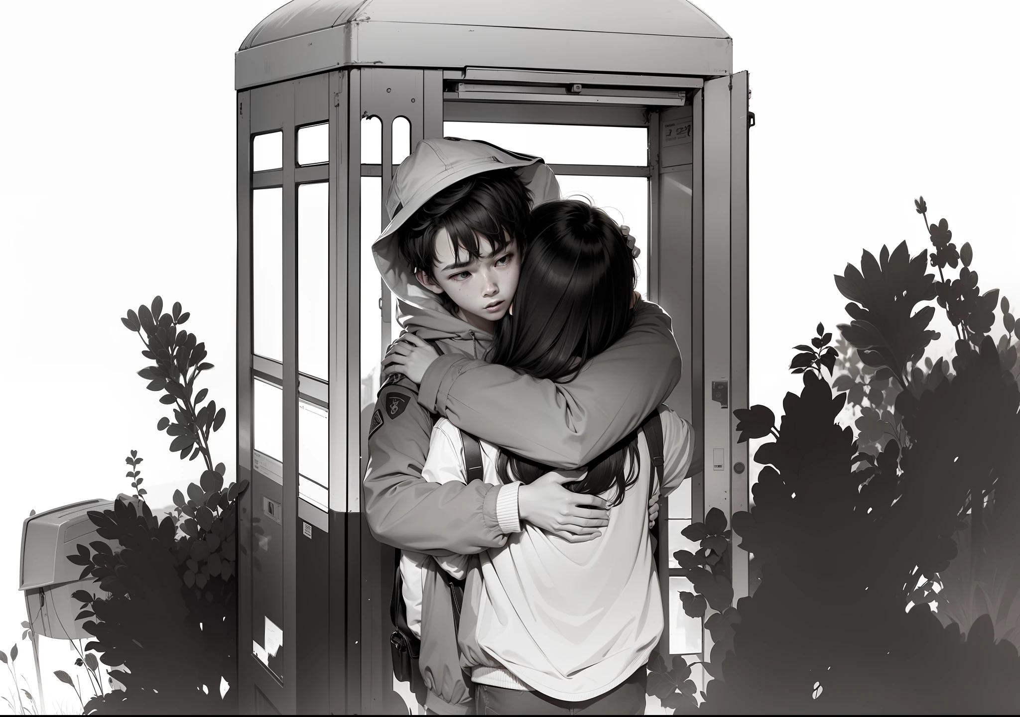 On the street，There was a boy and a girl standing in front of the phone booth hugging，Next to grass and trash cans