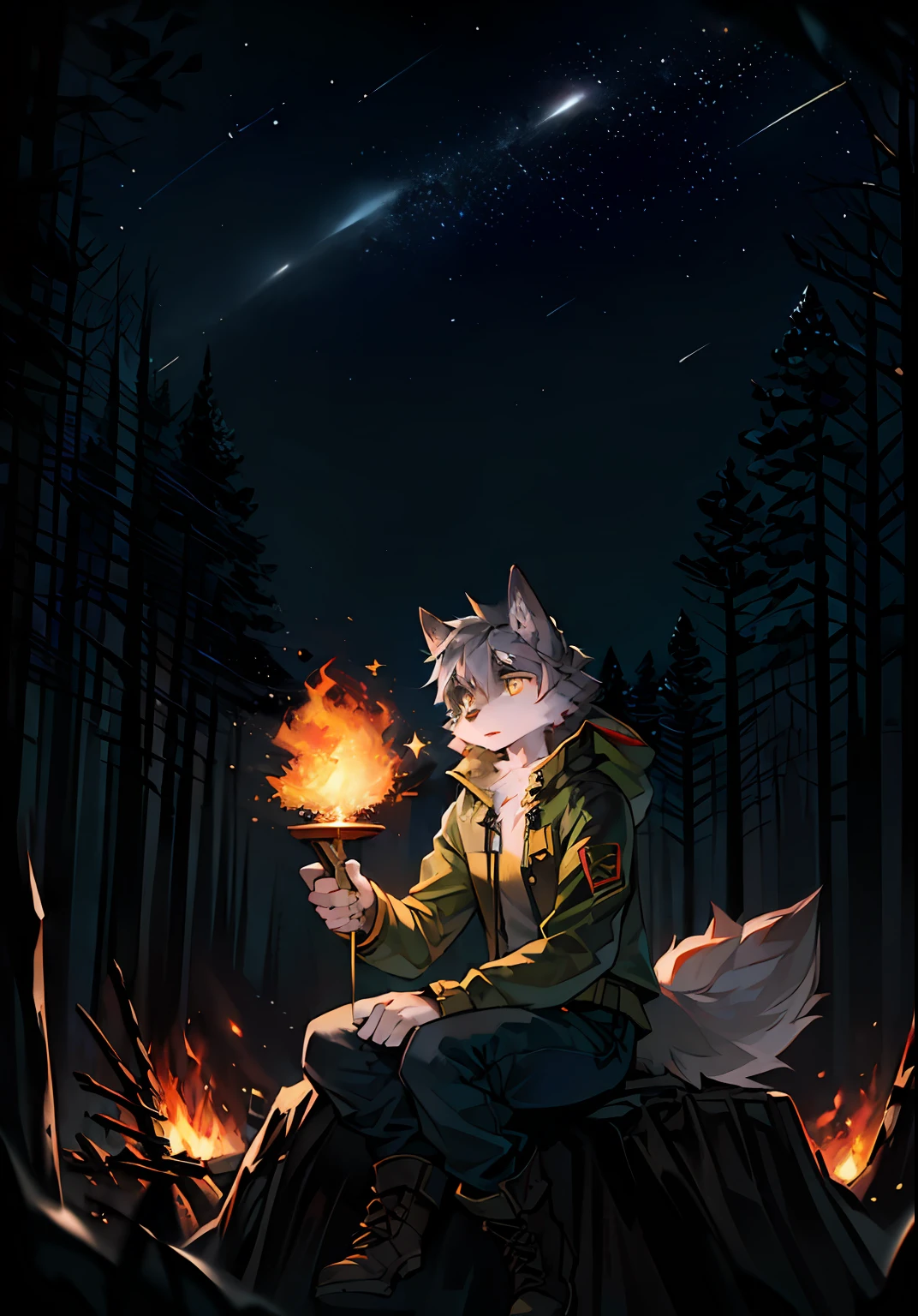 (dark ambient:1.3)，(outskirts:1.5)，shaggy，Fluffy Tail， Fluffy tail, grey fur, gold eyes, Gray hair，TEEN，wolves，the forest，（sitting in a tree，Distant view：1.3），Explorer，jeans,，Storm jacket，Military boots，Military kettle，dagger，Huge ancient tree，bonfire，firelight，contemplative，shooting star，star lit sky