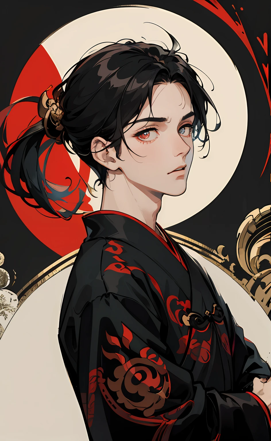 Martial arts boy ,black color hair,Floating hair,Elaborate Eyes,black pupil,a guy,Black and red antique damask Hanfu,fov,f1.8,Meisterwerk,Complex scenes,Gorgeous portrait shots Behind it are red circles,On the shoulder there is a metallic tiger head swallowing shoulder,Holding a short stick in his hand,