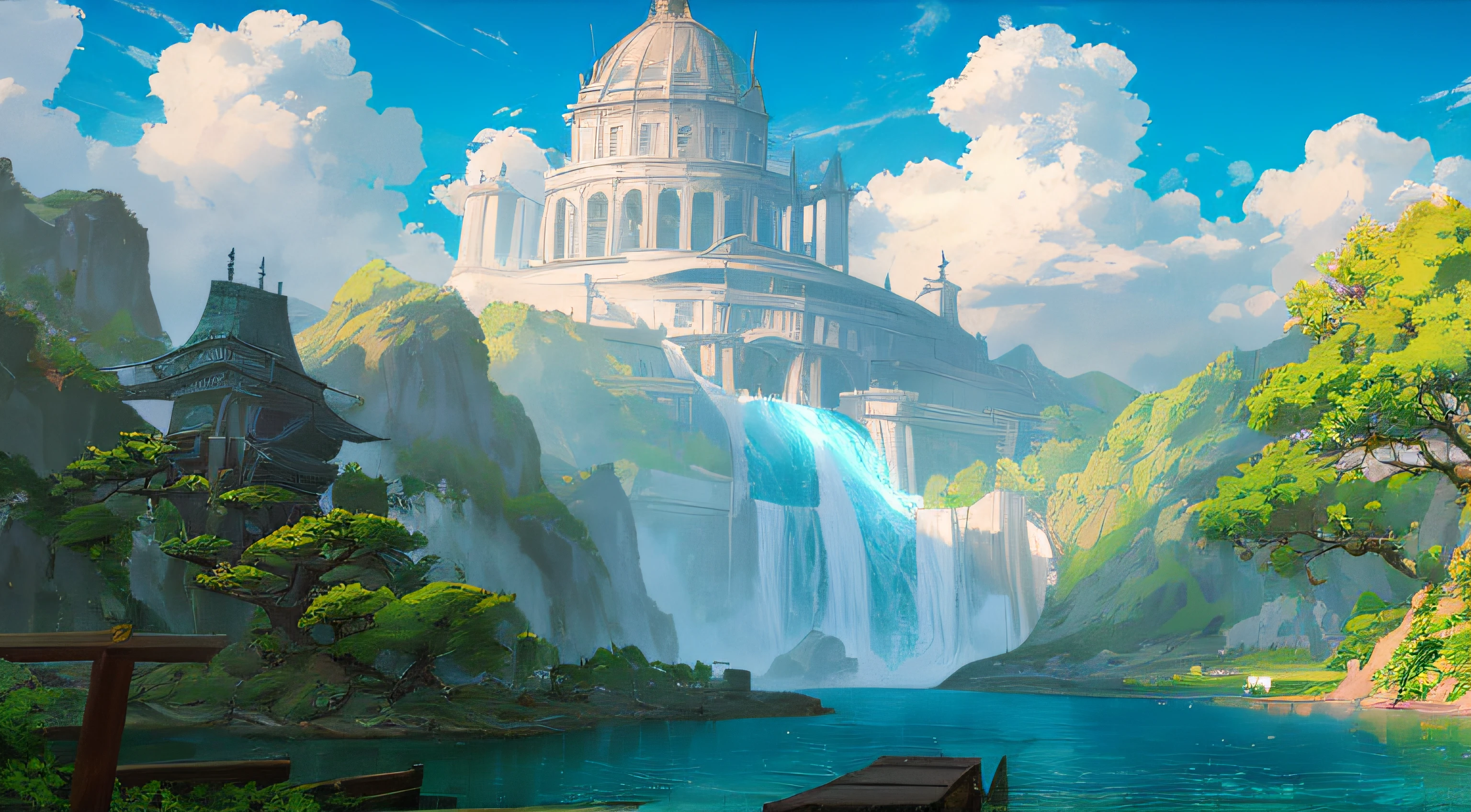 ConceptArt, nobody, landscape, water, sky, day, tree, cloud, waterfall, outdoors, architecture, nature, river, blue sky