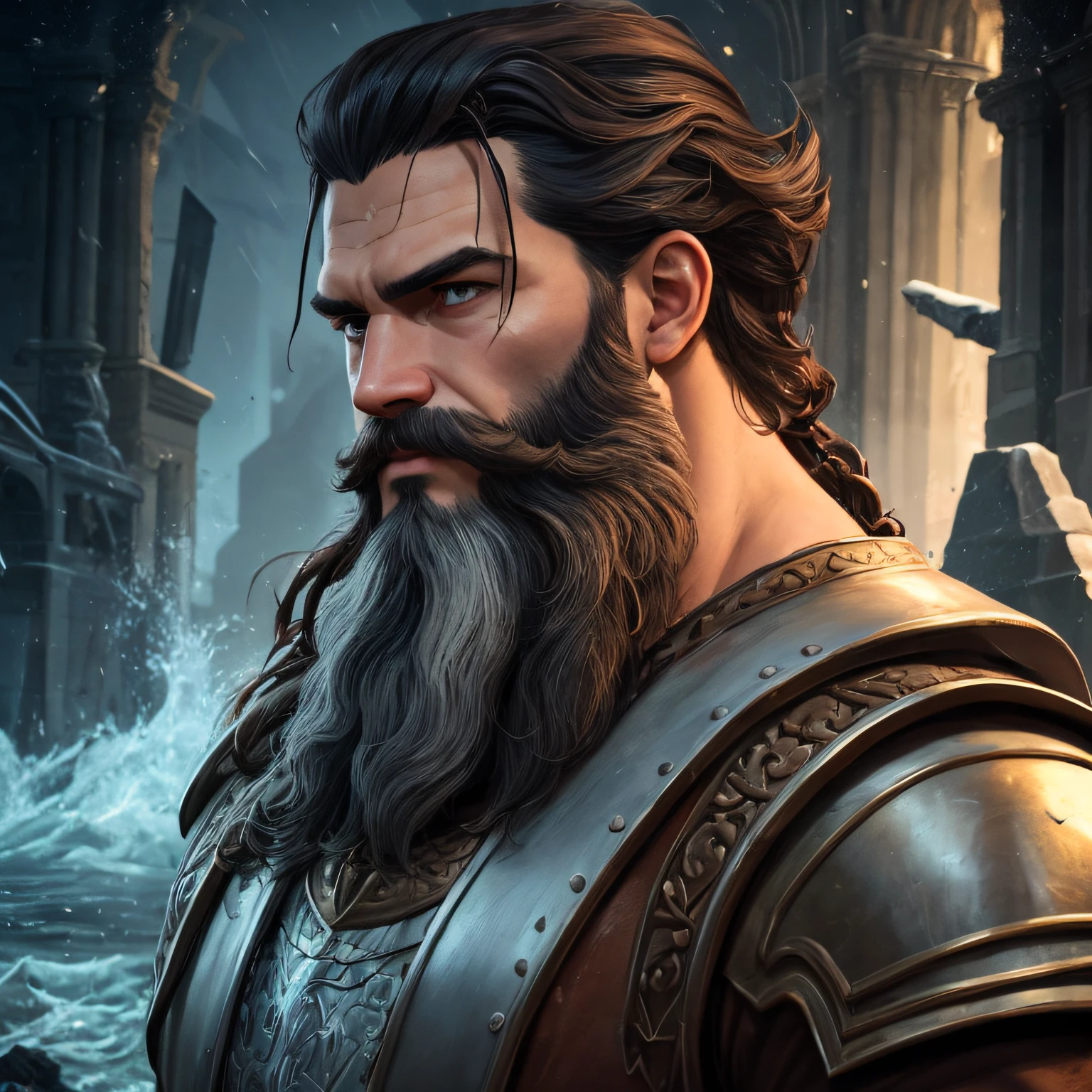 A man with beard and beard in scene, Petros Afshar Speedart, realistic portrait of robust Zeus, Zeus portrait, cinematic full character, unrealistic motor character art, portrait of robust Zeus, with leonid beard, cinematic realistic portrait, epic scene of Zeus, epic medieval art illustration, artgerm ; Unreal engine 3d, epic portrait illustration, very realistic, representing the era of the flood.. 4k s2 --auto
