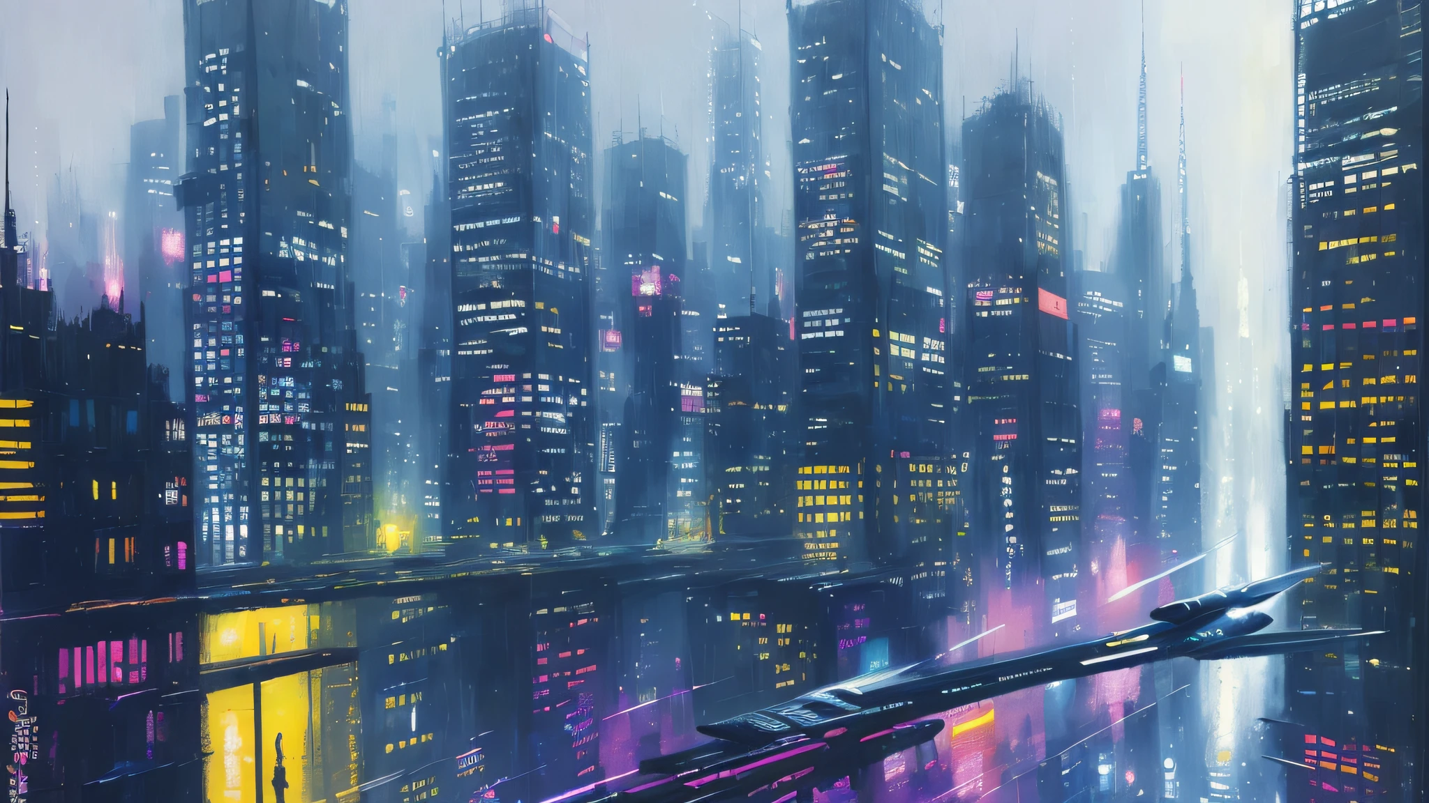 (abstract expressionist:1.1), (military repulsorcraft flying high:1.1) between skyscrapers in a (futuristic scifi city:1.1), (cyberpunk:0.8), night rain fog, (style of Colin Cambell Cooper:1.2), (style of John Atkinson Grimshaw:0.9)